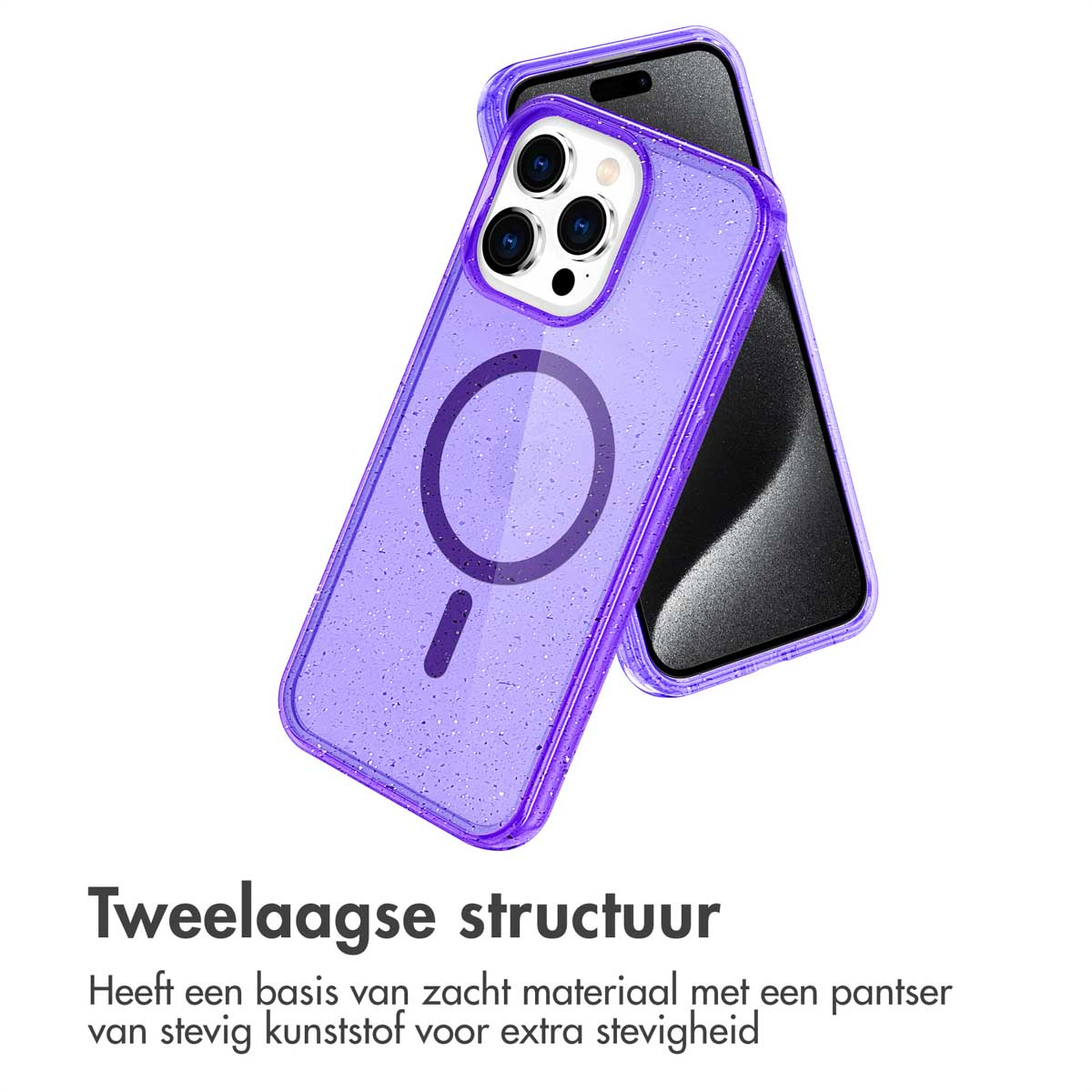 Een telefoonhoesje met een paars glitterontwerp, dat de binnen- en buitenkant van de hoes laat zien.