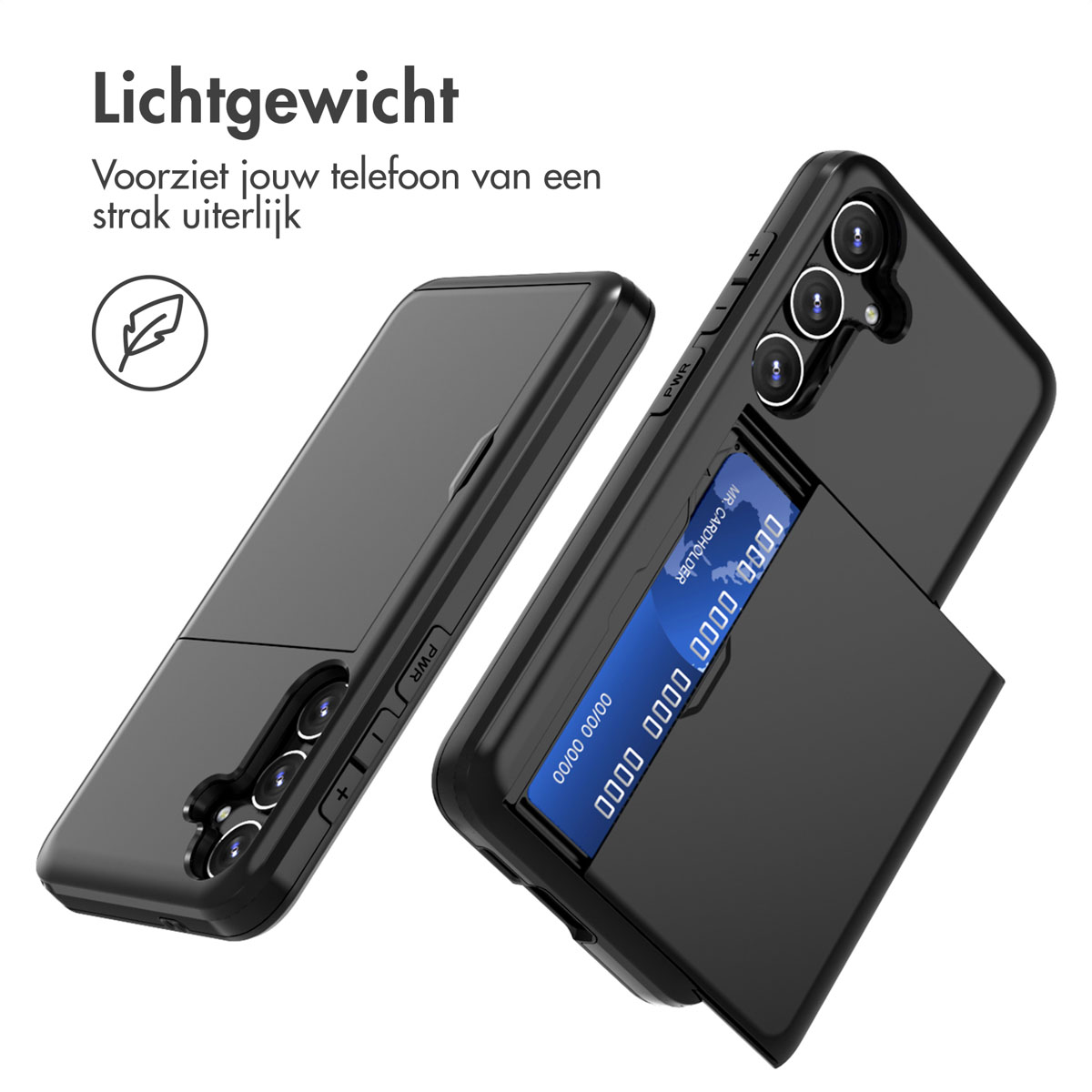 Twee zwarte telefoonhoesjes, één open met een kaart en creditcard. Witte achtergrond.