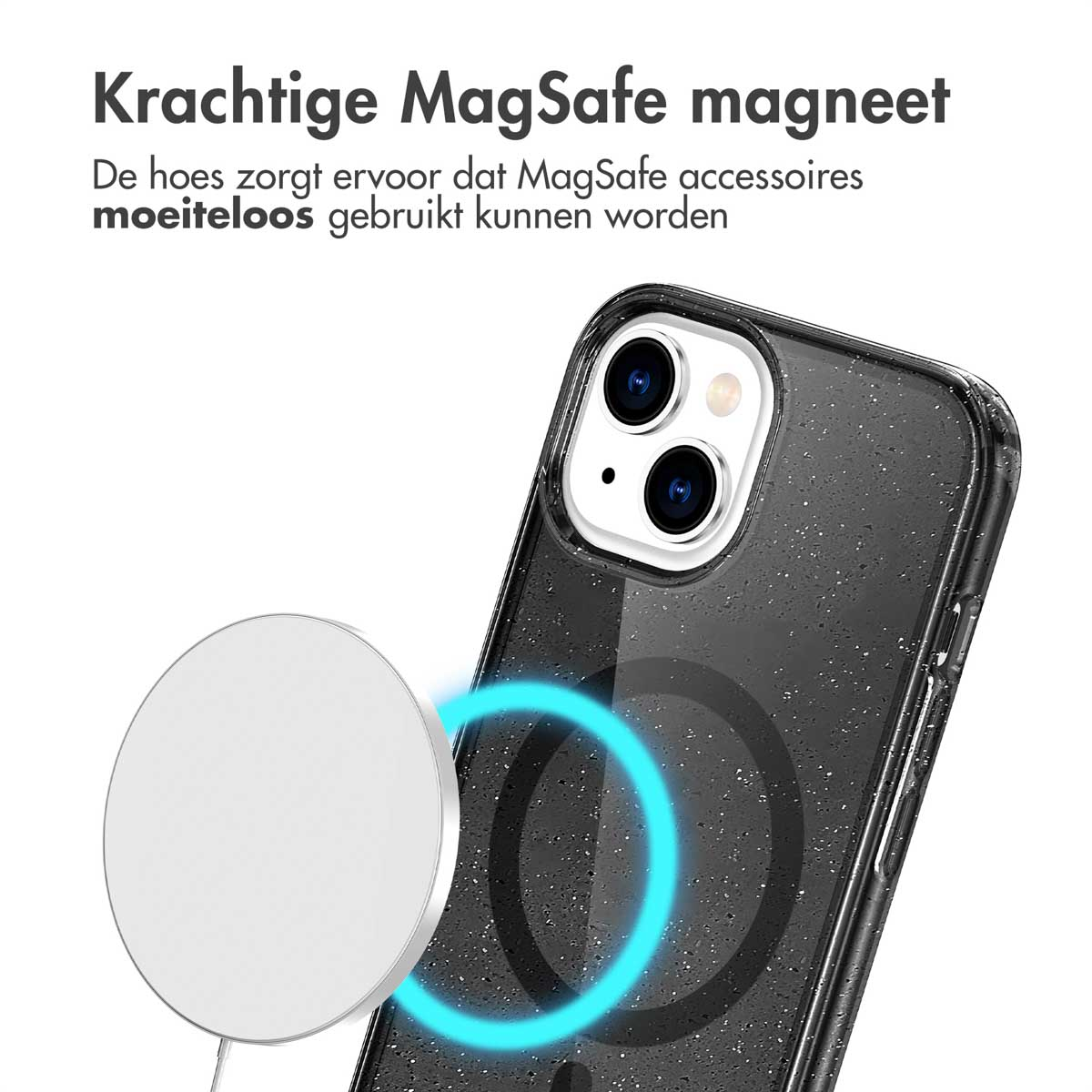Custodia trasparente con un cerchio bianco e un telefono. Il testo dice, Magnete MagSafe.