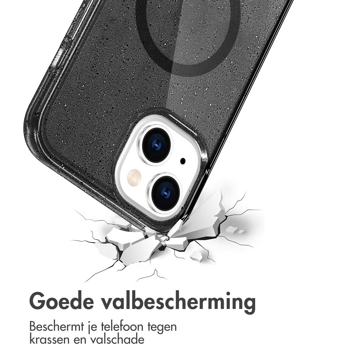 Custodia del telefono con glitter e un anello magnetico. La custodia è sotto un telefono, che incrina una superficie.