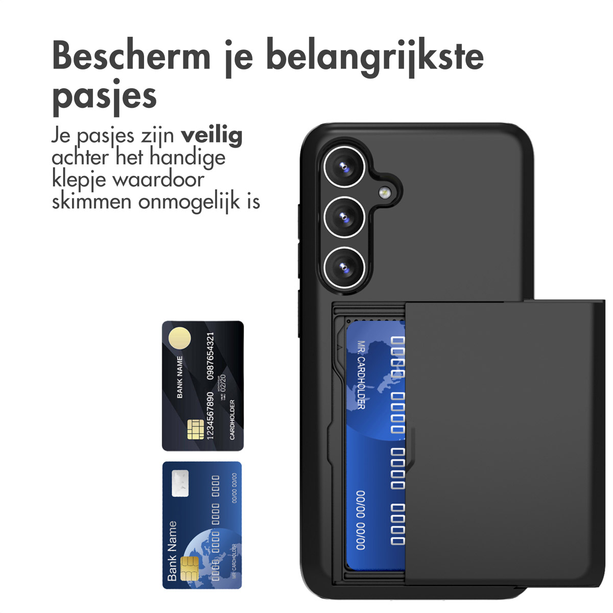 Zwarte telefoonhoes met kaartsleuven voor creditcards. De kaarten zijn zwart en blauw.