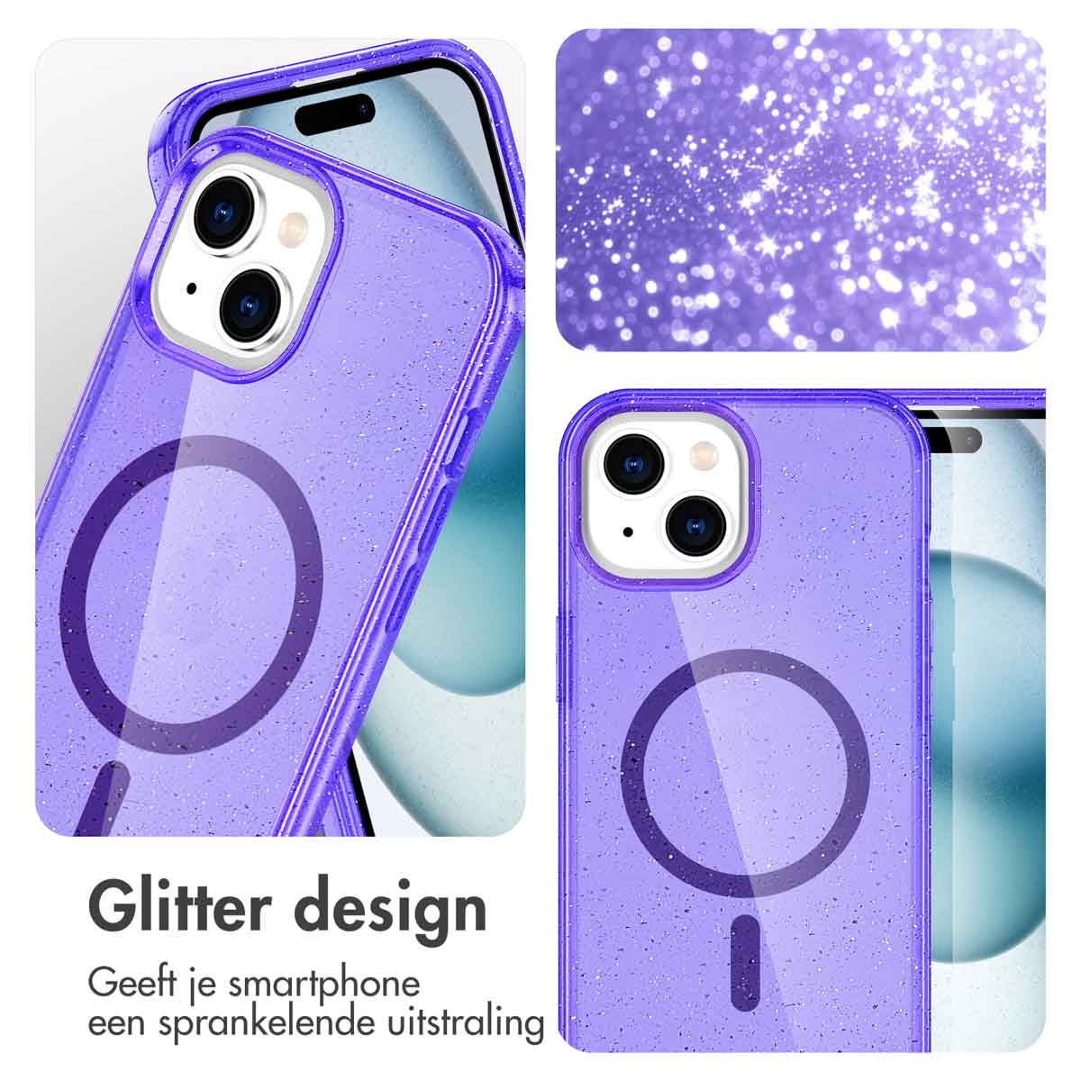 Two phones in purple glitter cases, with a clear case on top, and a phone screen.