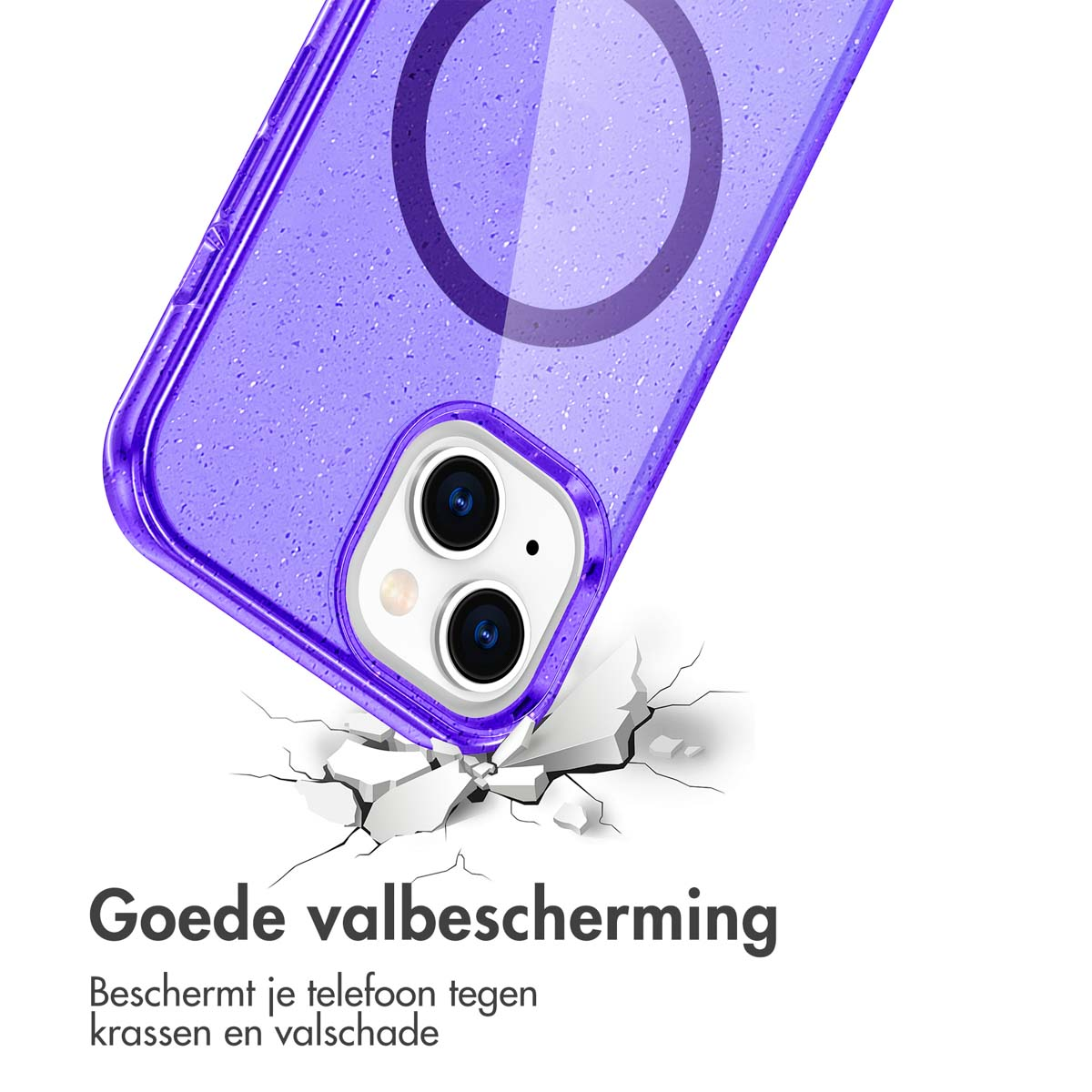 Purple phone case being dropped. Text: Good drop protection. Protects your phone from scratches.