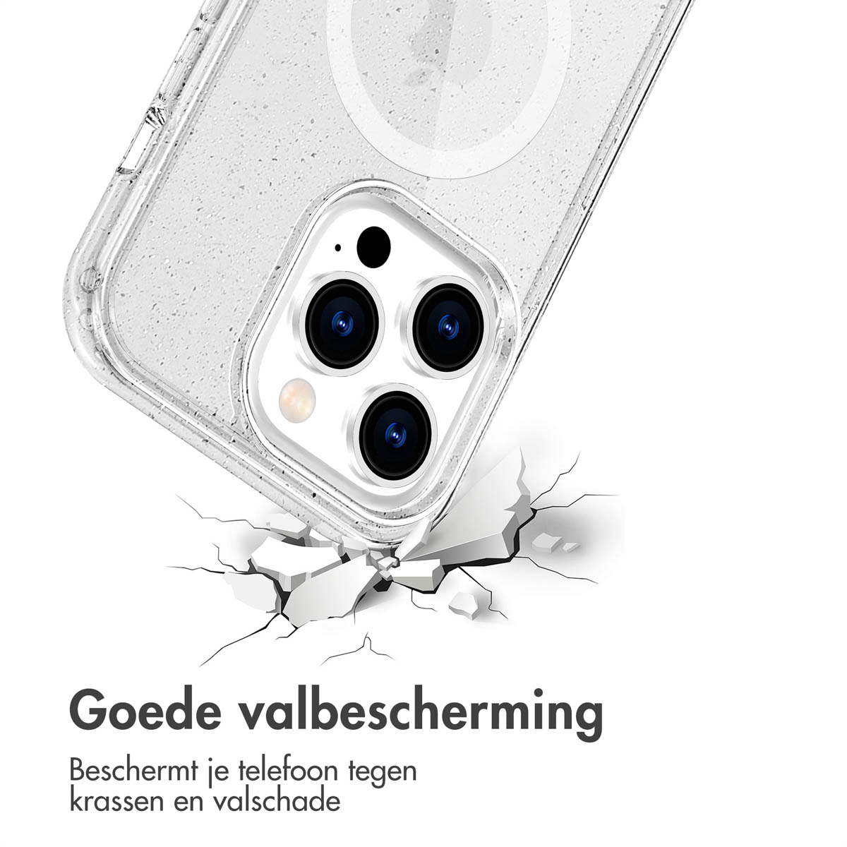 Telefoonhoes op een witte achtergrond, met een doorzichtige hoes die de iPhone toont. Tekst: Goede valbescherming.