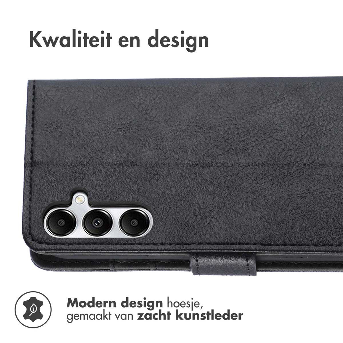 Zwarte leren hoes met telefoon. Tekst: Kwaliteit en design. Modern design hoesje, gemaakt van zacht kunstleer.