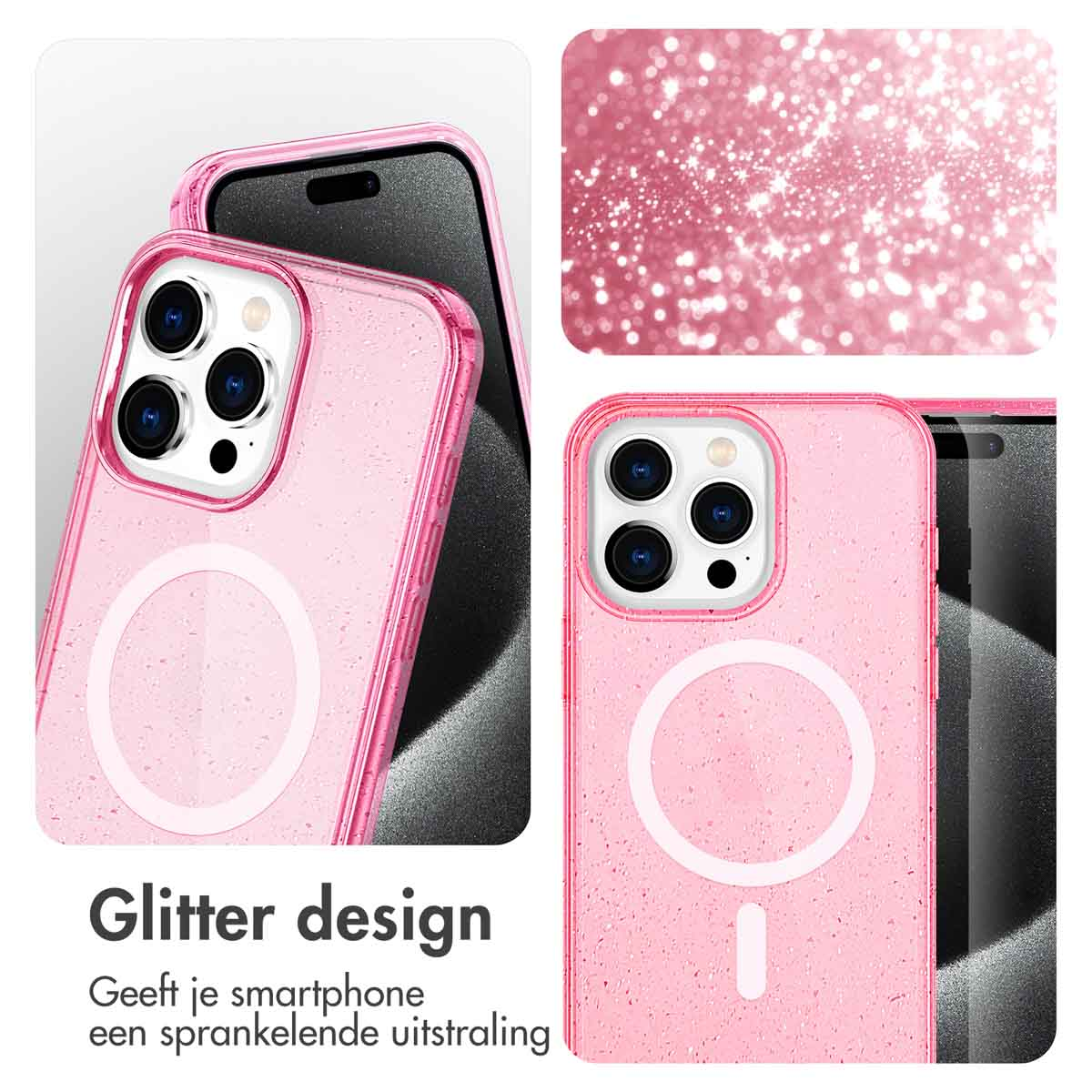 Twee telefoonhoesjes met glitterontwerpen worden getoond. De rechter hoes is roze en heeft een cirkel. De linker hoes heeft een cirkel.