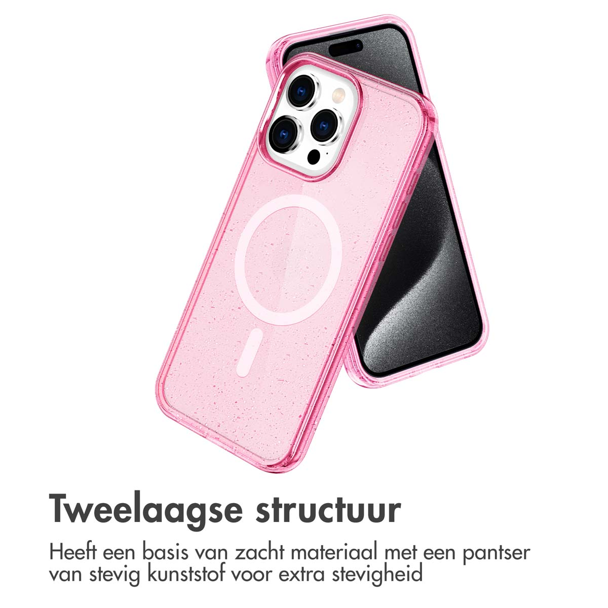 Roze telefoonhoesje op een zwarte telefoon, hoesje heeft een MagSafe-ring.
