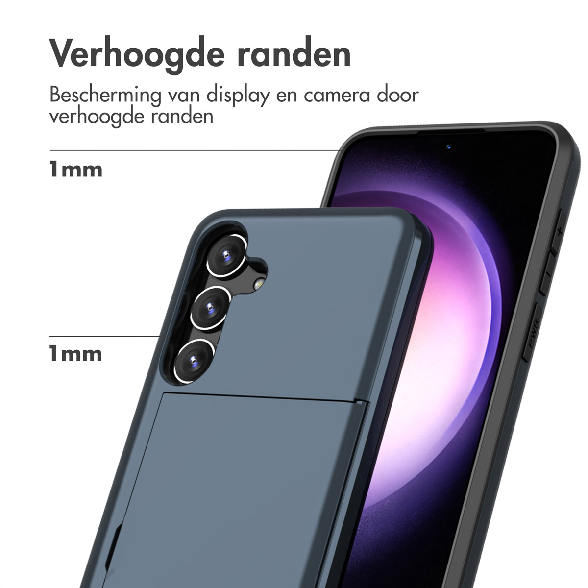 Telefoonhoes met telefoon. Tekst: Verhoogde randen. Bescherming van display en camera door verhoogde randen, 1mm aan beide zijden.