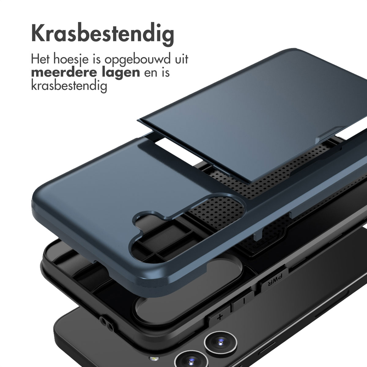 Telefoonhoeslagen getoond. Donkerblauwe hoes met componenten en een telefoon. Witte achtergrond.