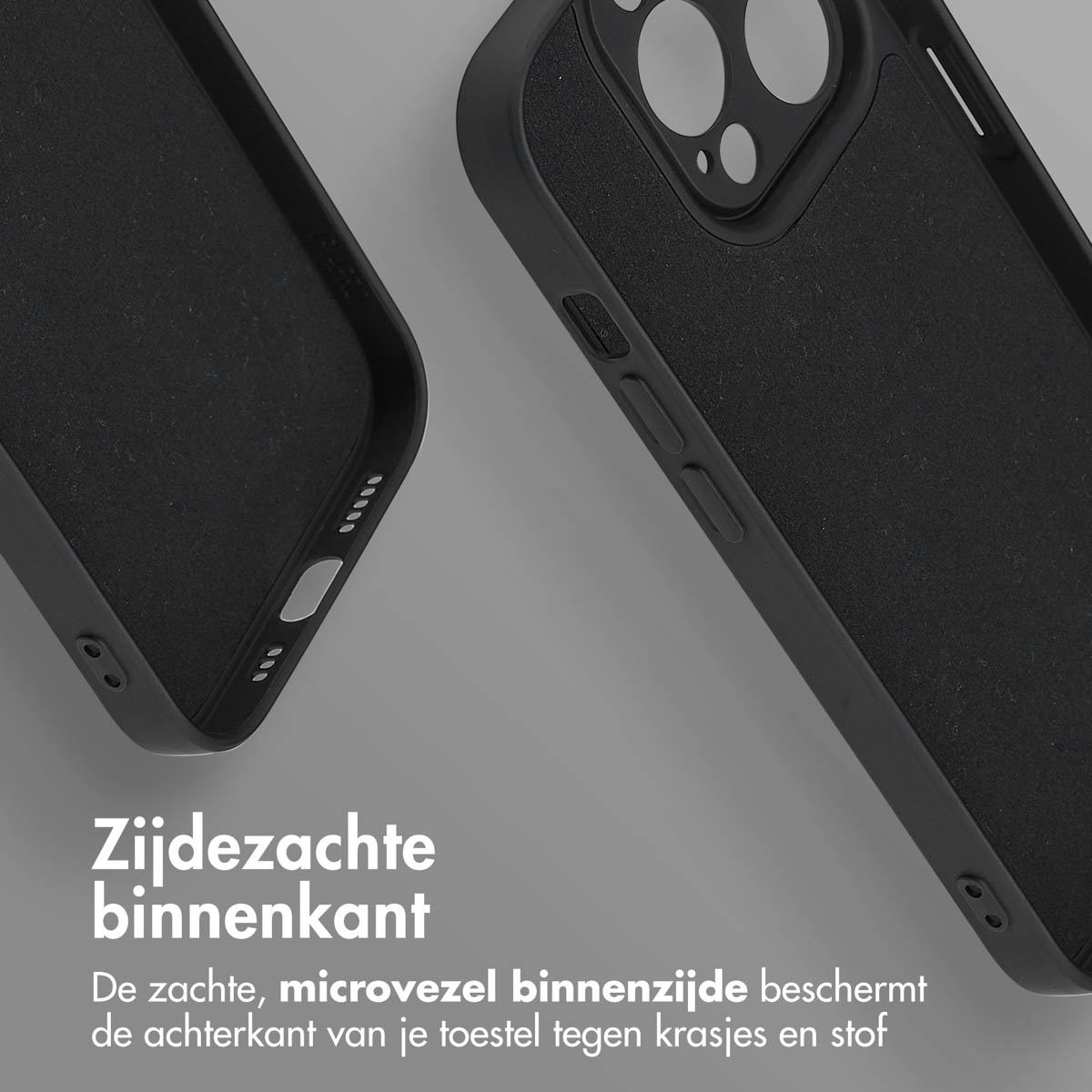 Gros plan sur l'intérieur d'une coque de téléphone noire. Texte : Intérieur doux. La microfibre douce protège.