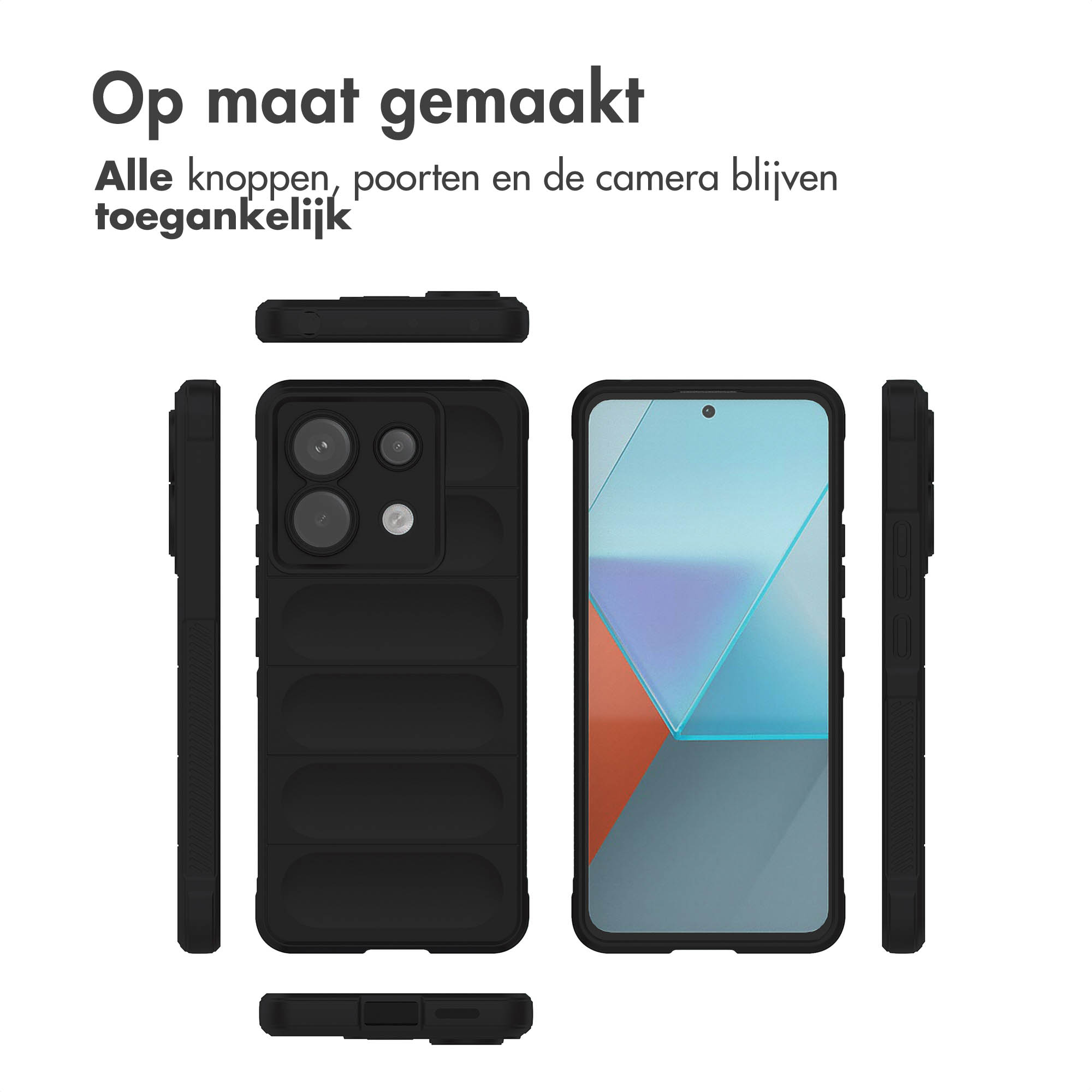 Zwarte telefoonhoes met telefoon. Uniek ontwerp. De achtergrond is wit.
