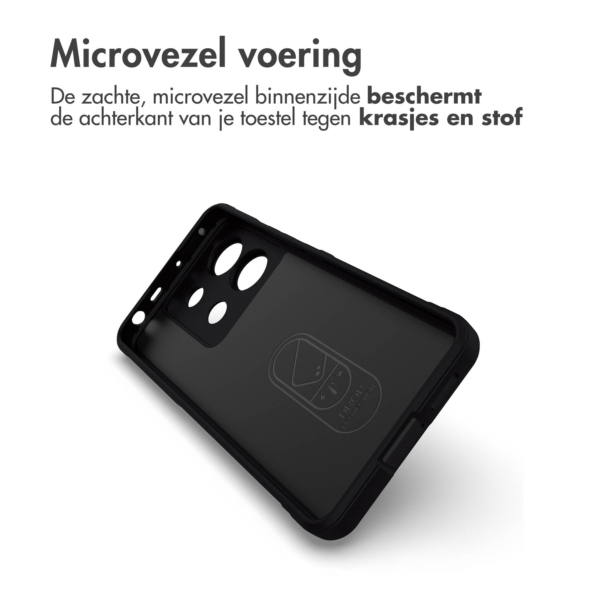 Zwart telefoonhoesje met een valbeschermingslogo. Het is tegen een witte achtergrond.