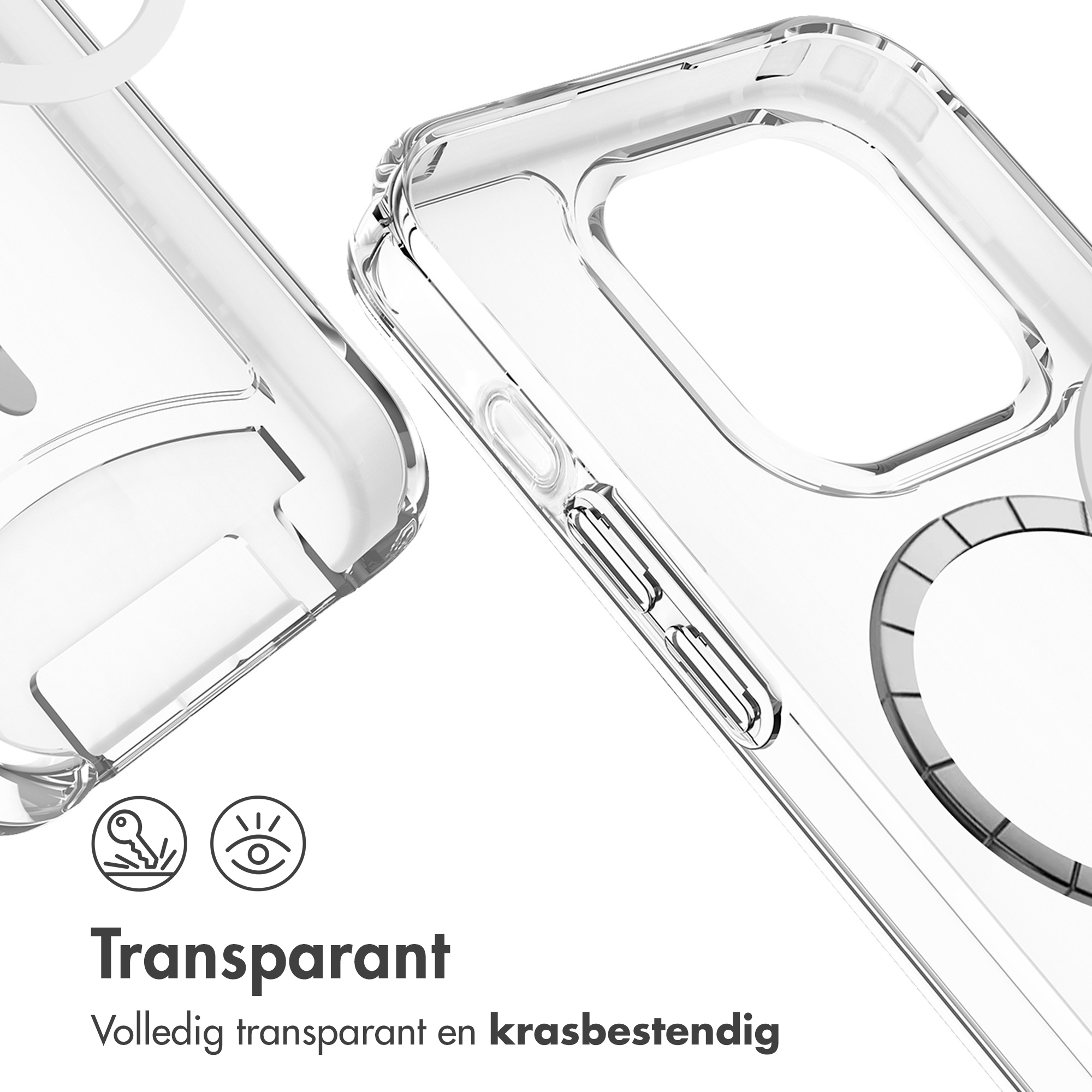 Gros plan d'une coque de téléphone transparente. Elle a des côtés et des boutons transparents. Fond blanc.