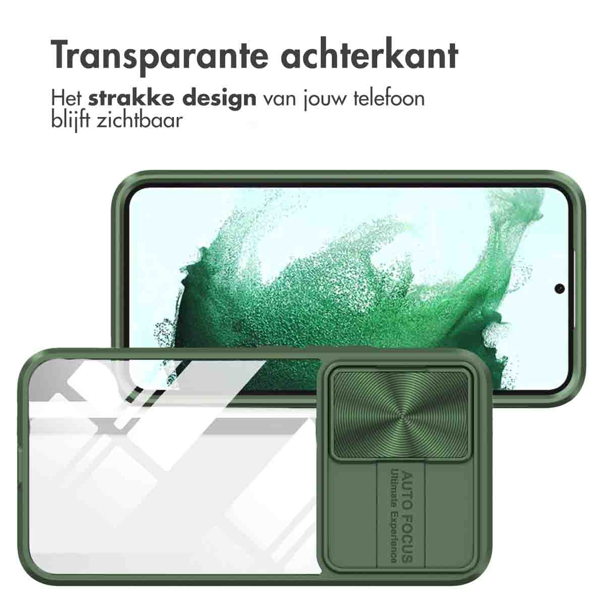 Coque de téléphone verte avec dos transparent. Téléphone à l'intérieur. Étiquette de mise au point automatique.