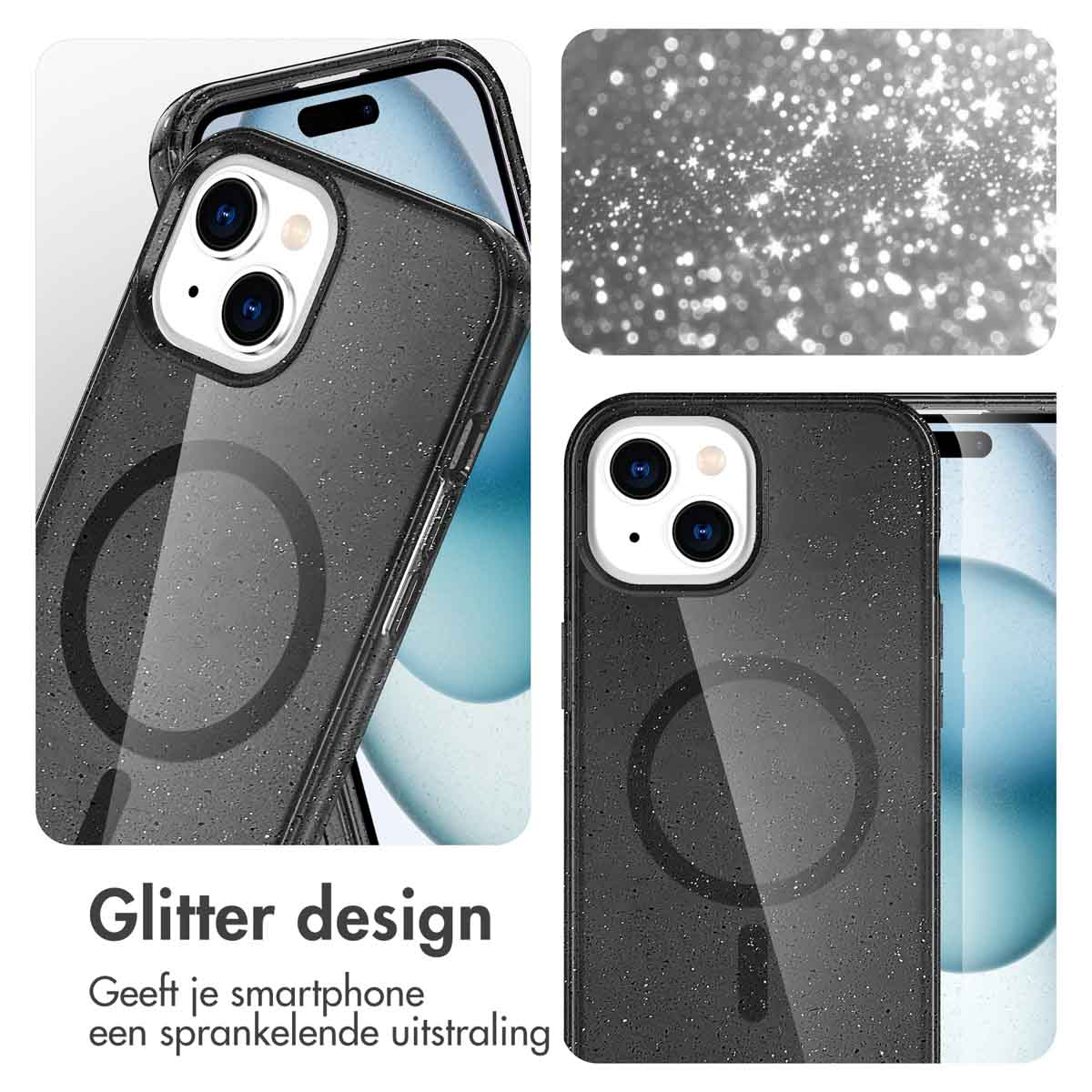 Phone case with a glitter design, showing close-up and side views.