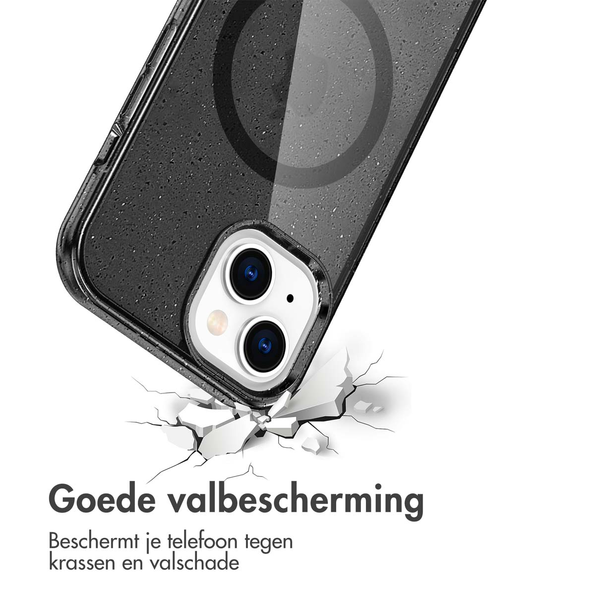 Phone case with a black exterior and a phone inside. Phone case is shattered on a white surface.