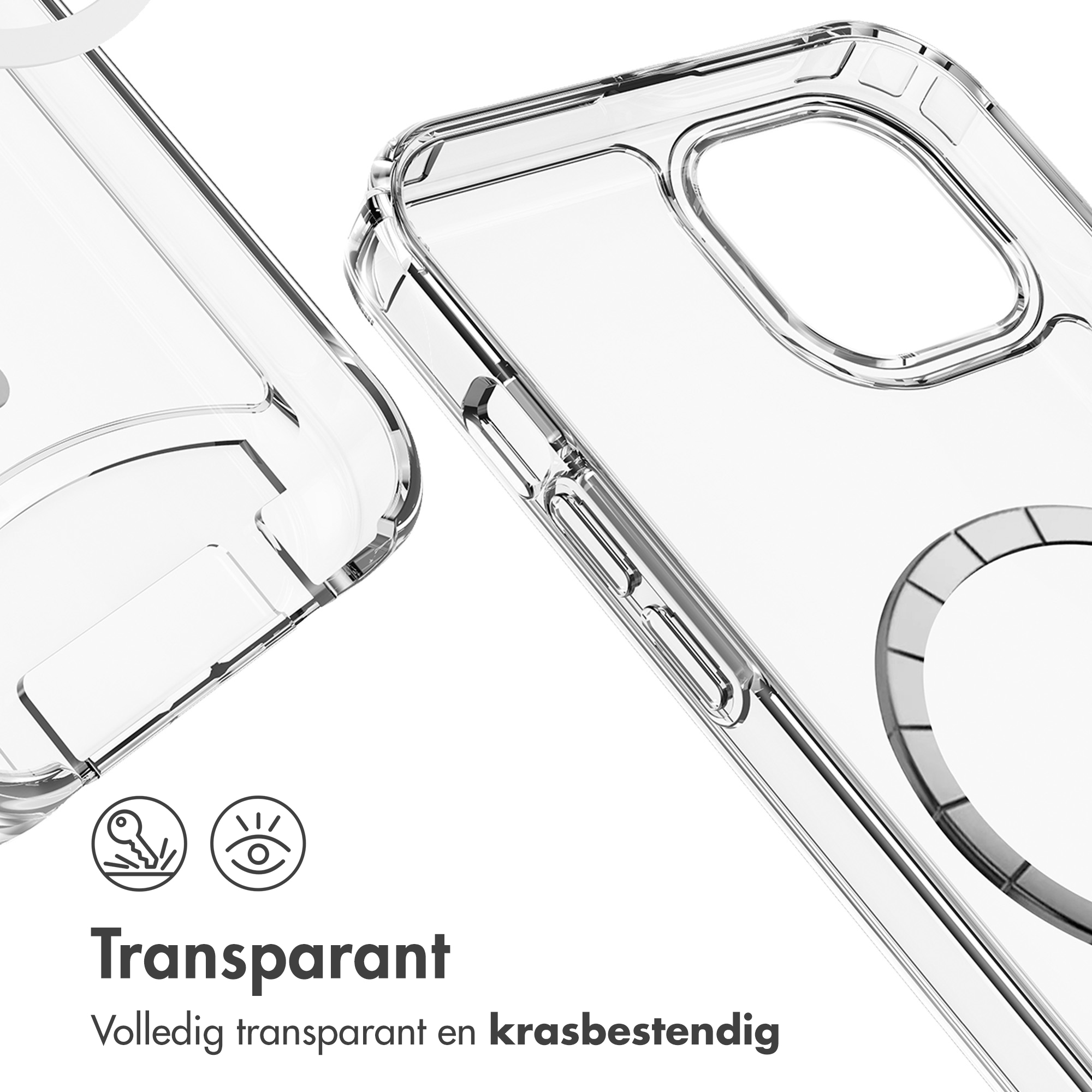 Transparent phone case, showing a clear view of the phone with some icons.