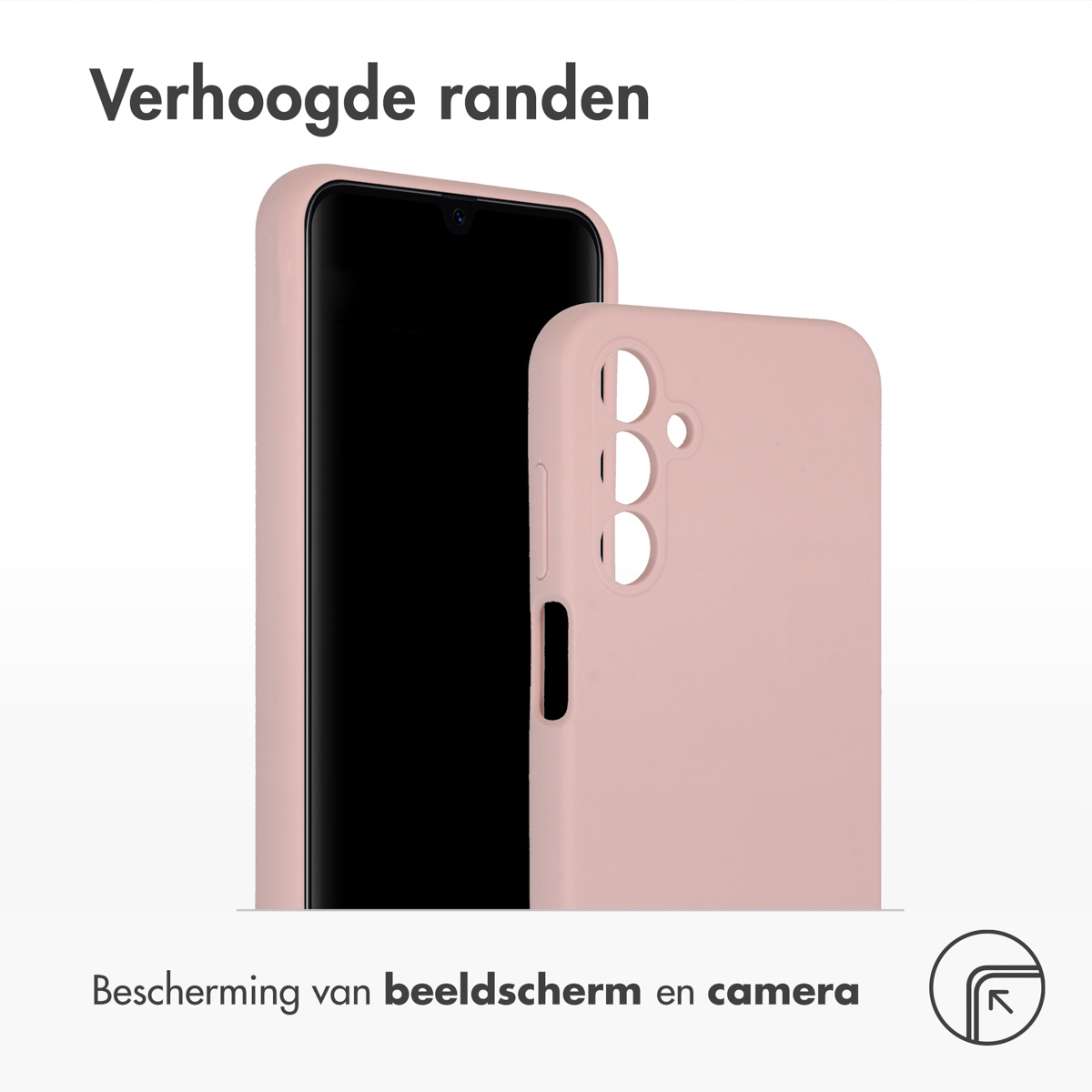 Roze telefoonhoes met telefoon. Verhoogde randen. Witte achtergrond.