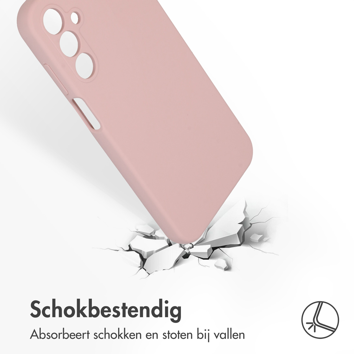 Roze telefoonhoes op een wit oppervlak, gebarsten om impact te simuleren. Tekst vermeldt schokbestendig ontwerp.