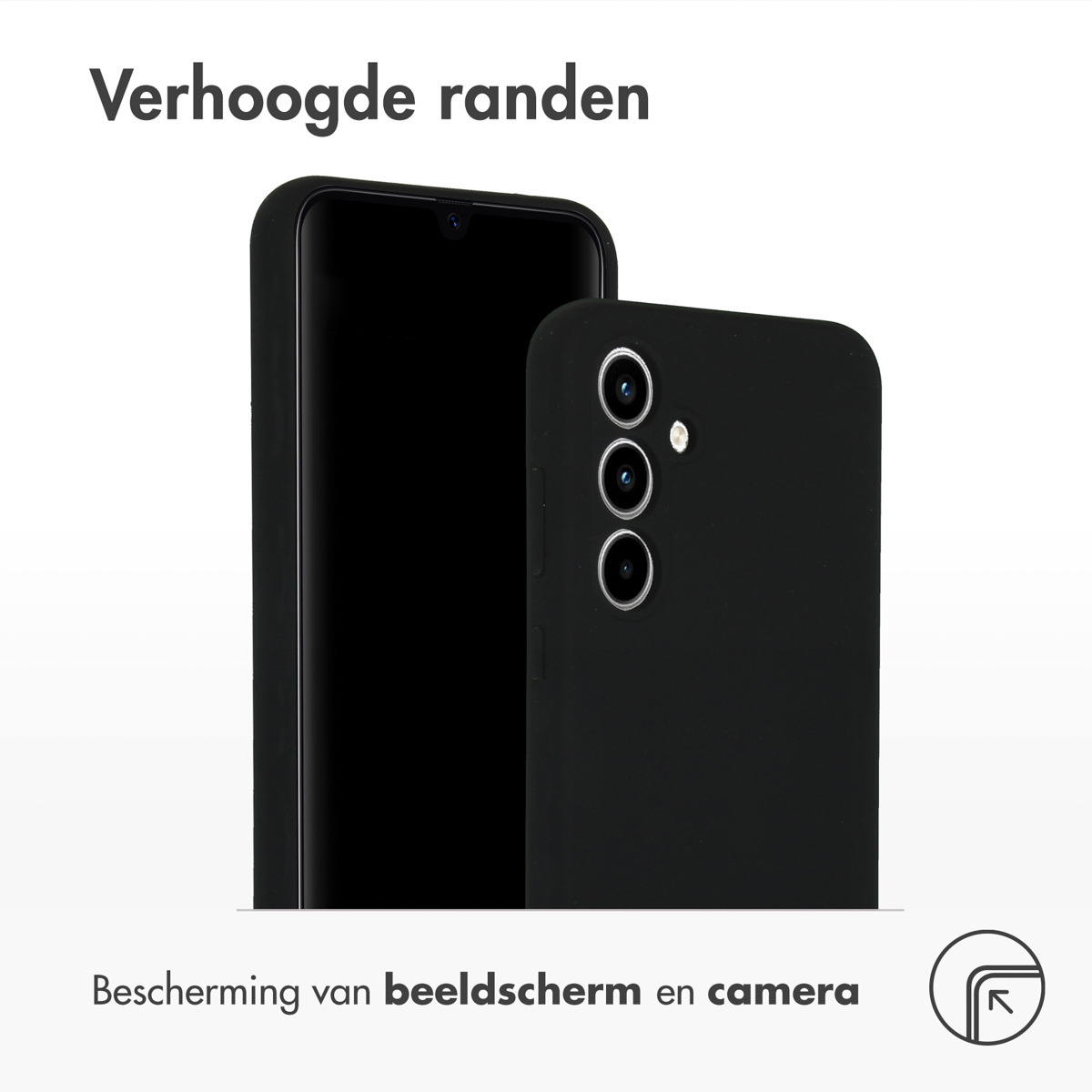 Schwarze Handyhülle und ein Telefon. Text: Erhöhte Kanten. Schutz von Bildschirm und Kamera.