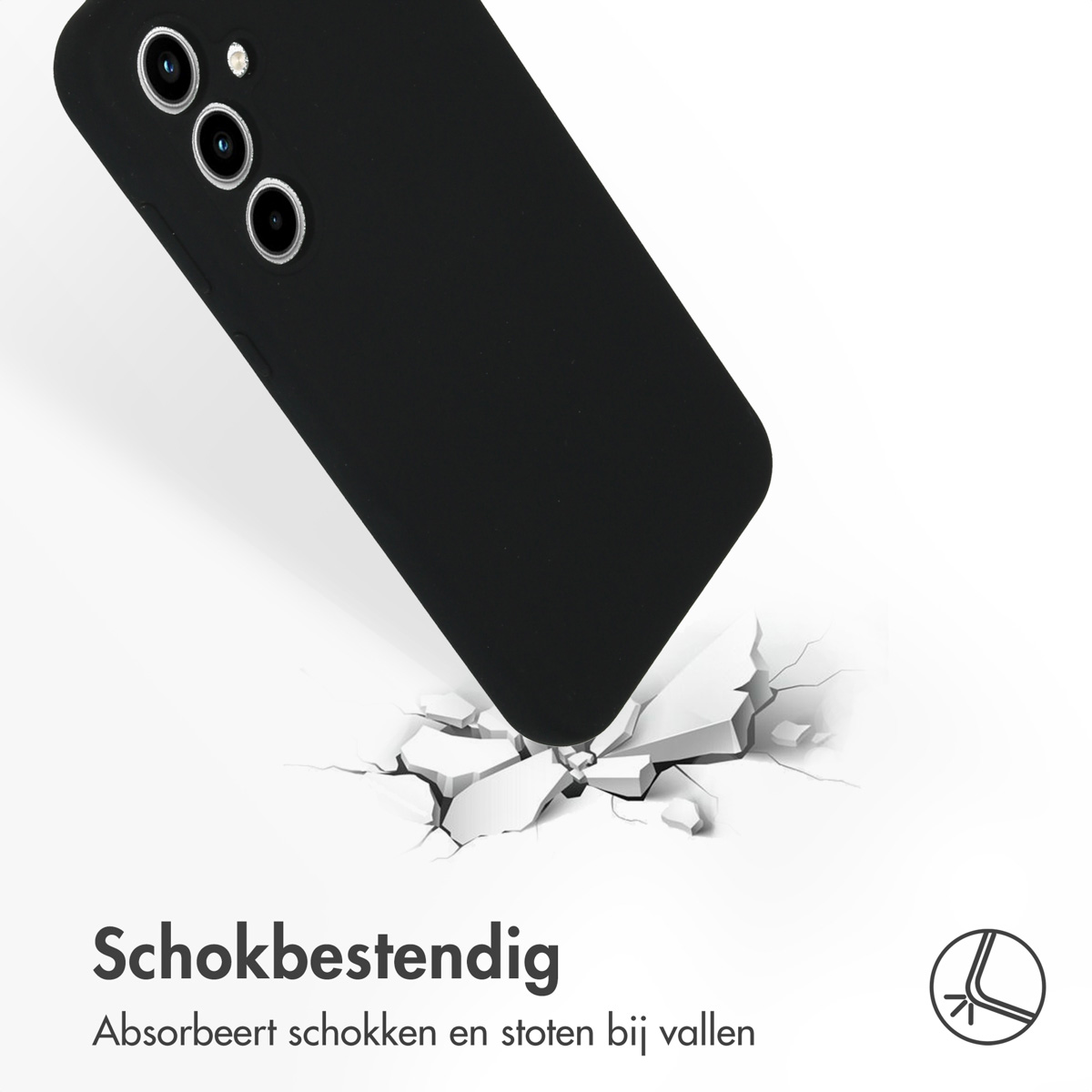 Schwarze Handyhülle fällt auf eine Oberfläche und erzeugt Risse. Text: Stoßfest.
