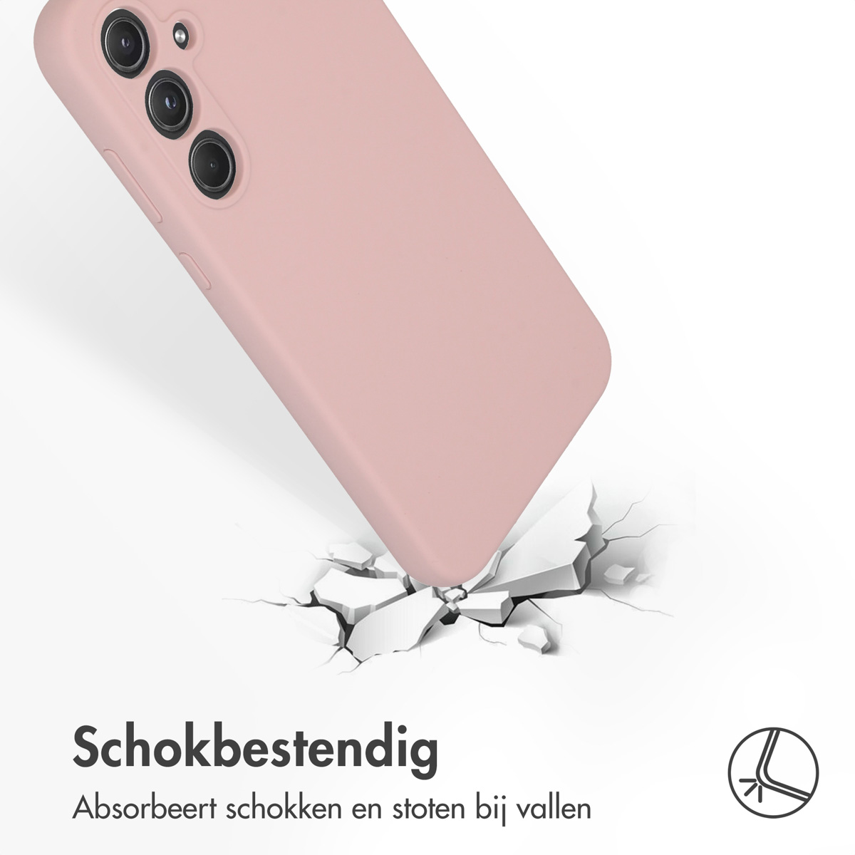 Coque de téléphone rose impactant et fissurant une surface blanche. La coque est intacte.