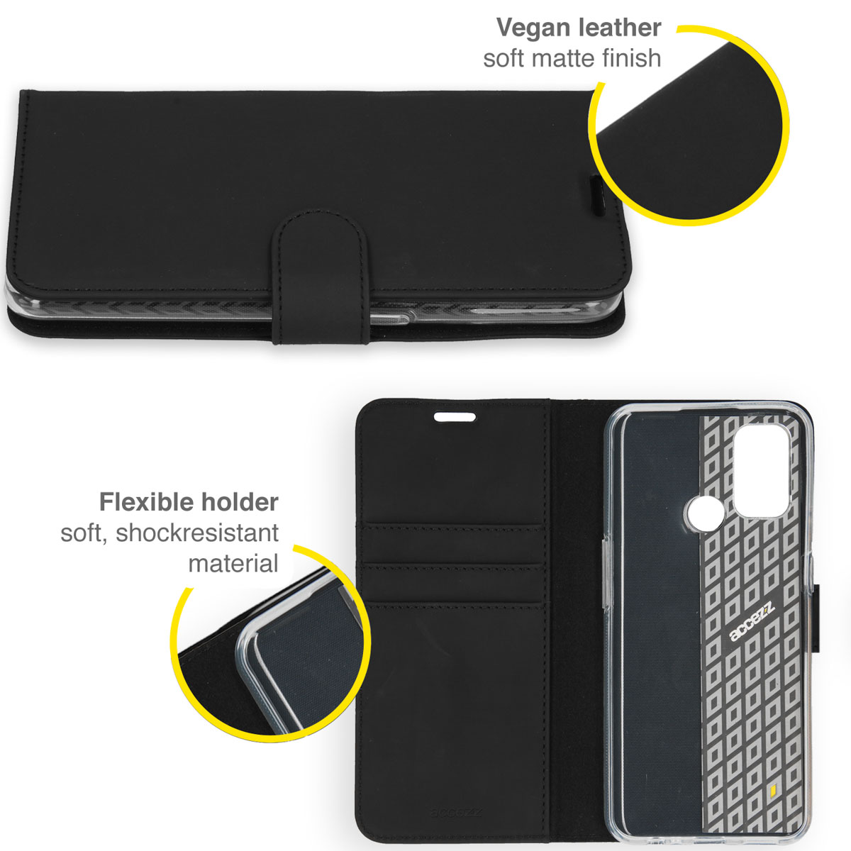 Coque de téléphone noire, ouverte, avec un téléphone à l'intérieur. L'étui est en cuir végétal et possède un support souple.