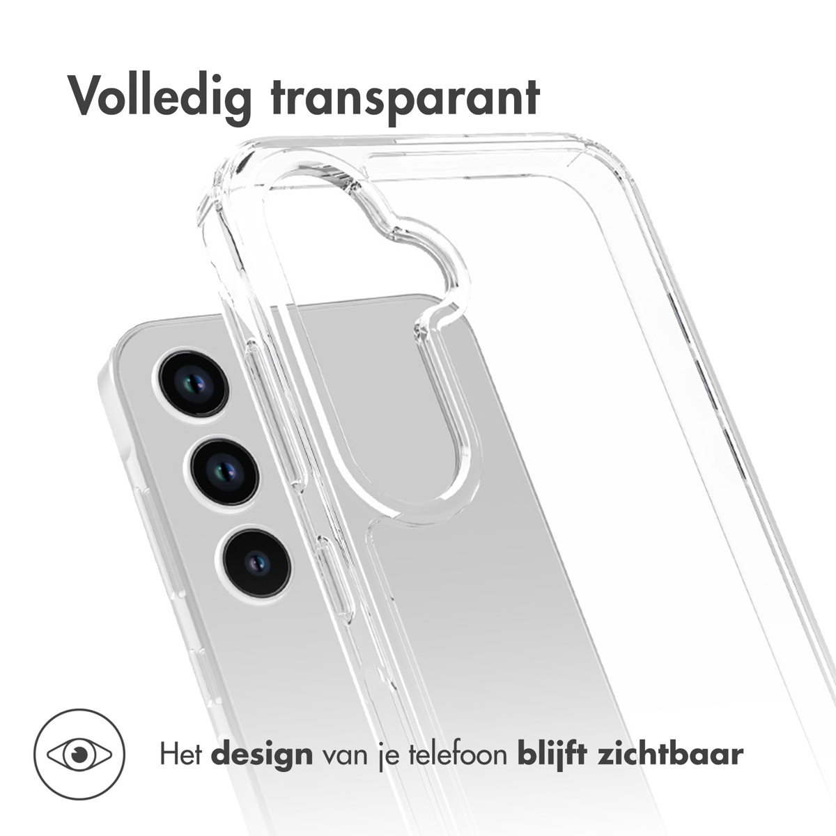 Une coque de téléphone transparente sur un téléphone. Texte : « Entièrement transparent ». Le design du téléphone est visible.