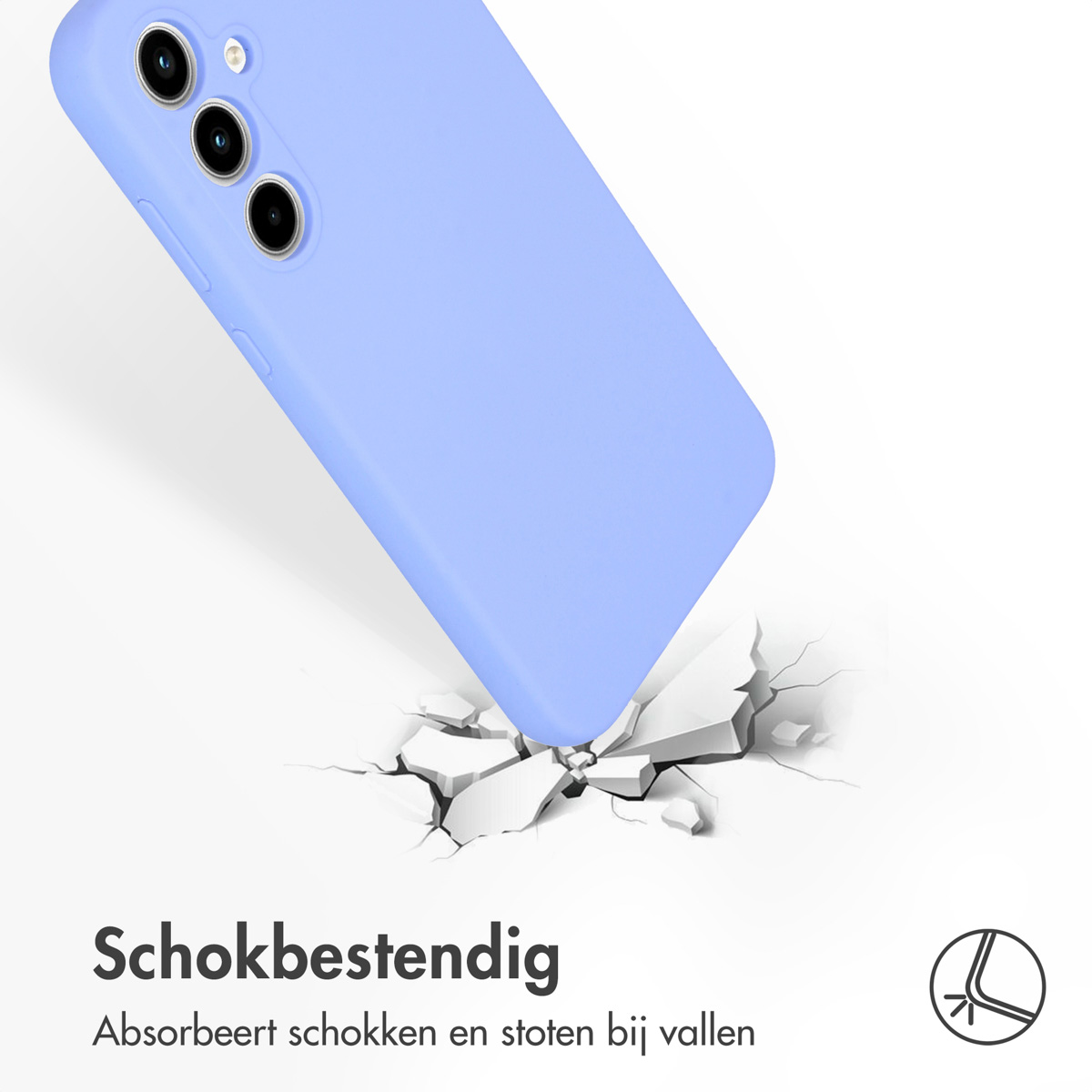 Eine hellblaue Handyhülle fällt, Beton zerbricht. Text: „Stoßfest“. Die Hülle ist blau.