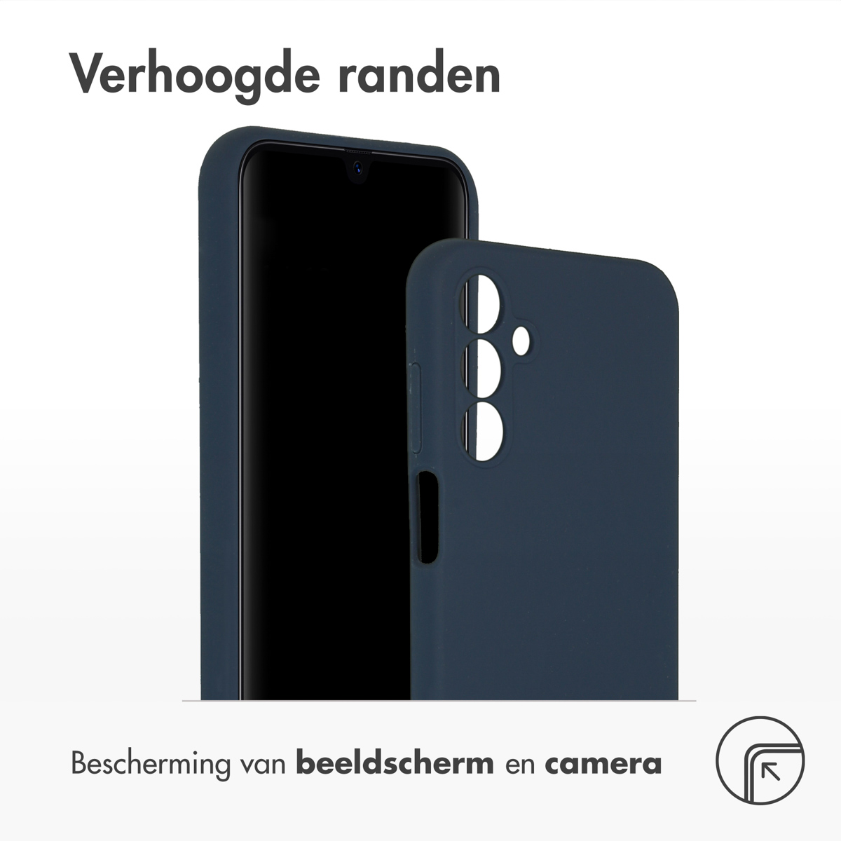 Donkerblauwe telefoonhoes met verhoogde randen. De telefoon binnenin wordt getoond.