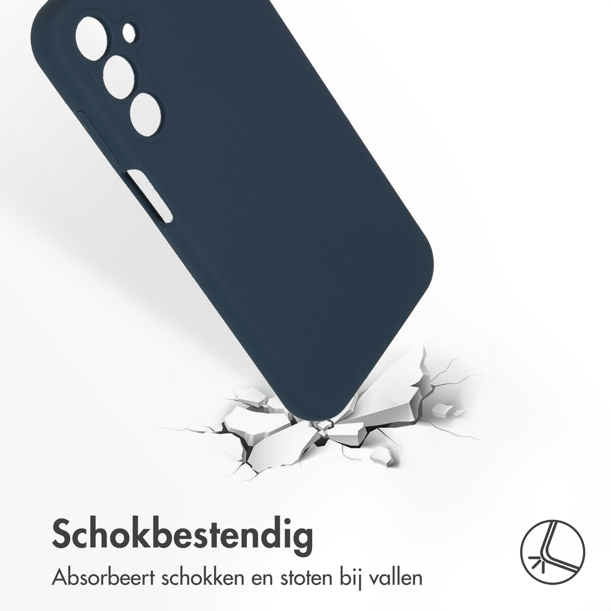 Donkerblauwe telefoonhoes valt op gebarsten grond, toont impactbescherming.