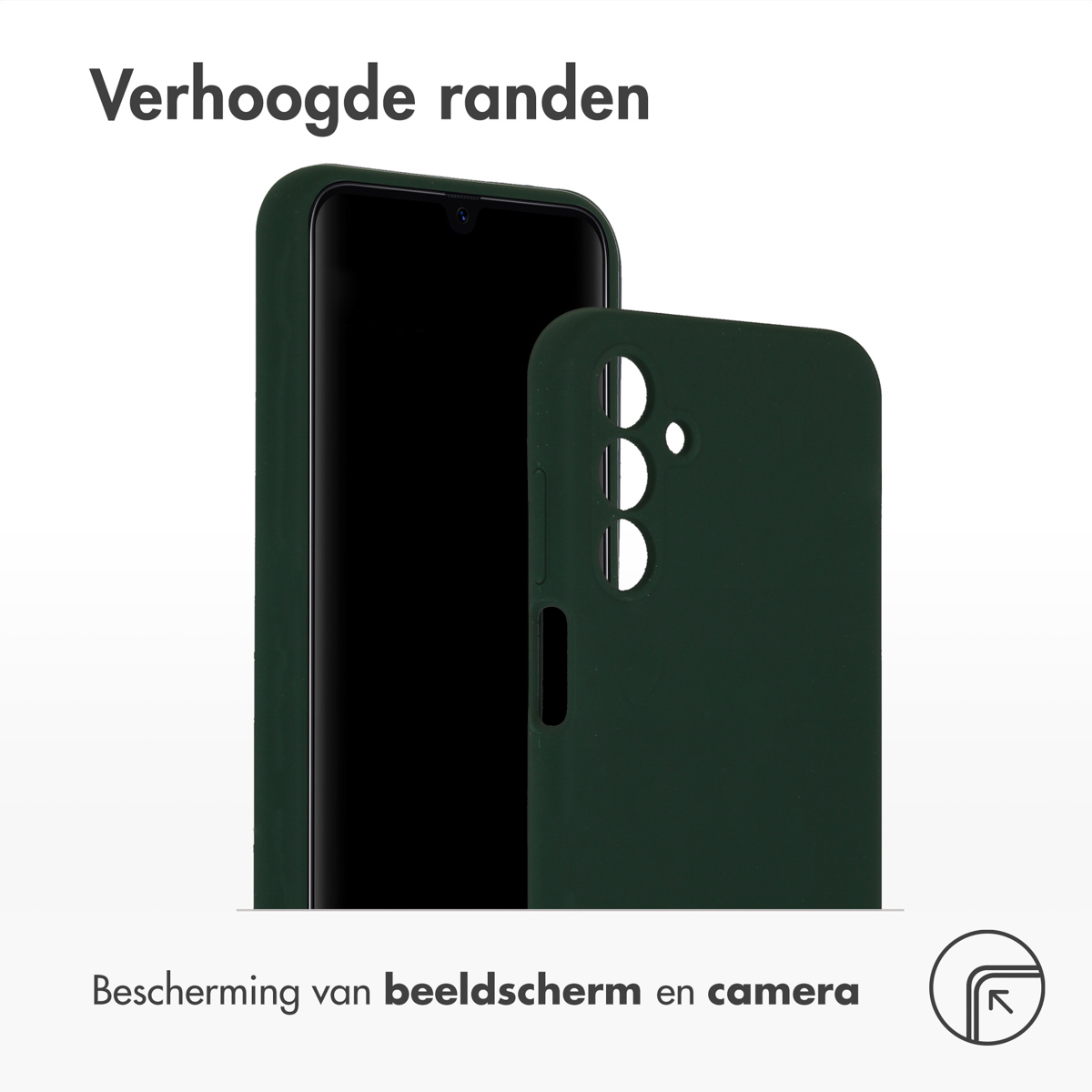 Donkergroene telefoonhoes die het telefoonscherm beschermt. Witte achtergrond.