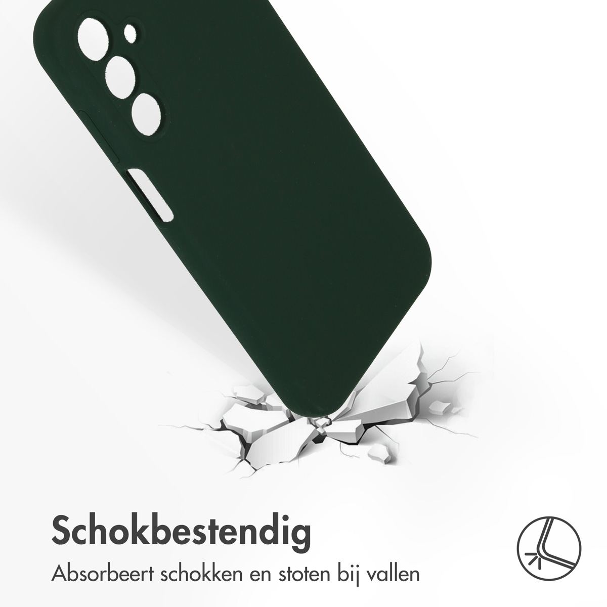 Groene telefoonhoes valt. Witte brokstukken eronder. Tekst: Schokbestendig. Absorbeert schokken en stoten bij vallen.