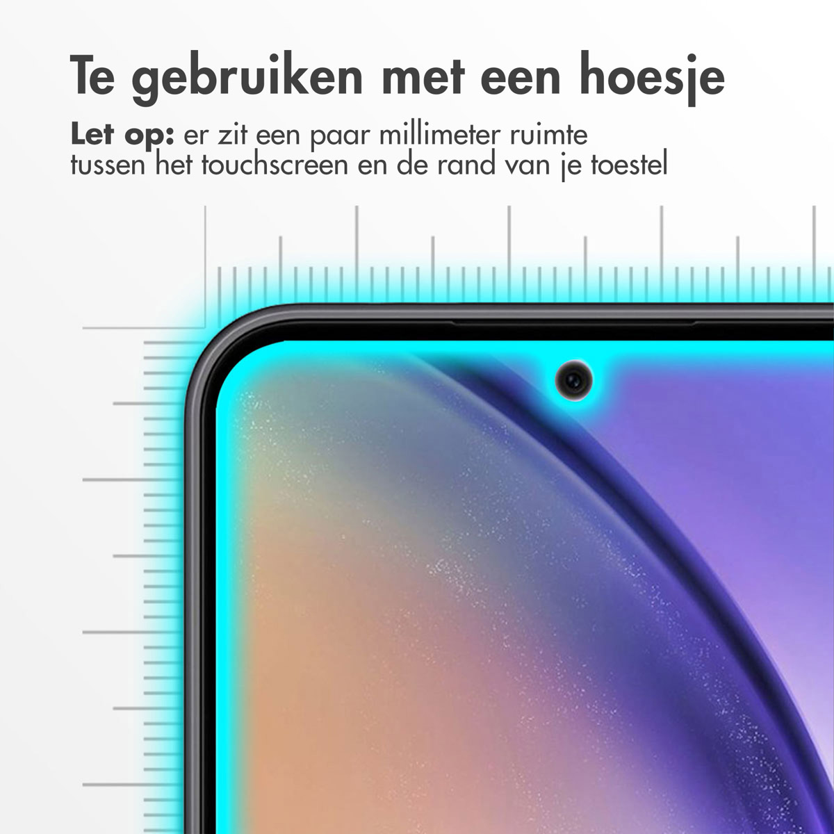 Primo piano dello schermo del telefono con custodia. La luce blu evidenzia il bordo. Linee simili a un righello.