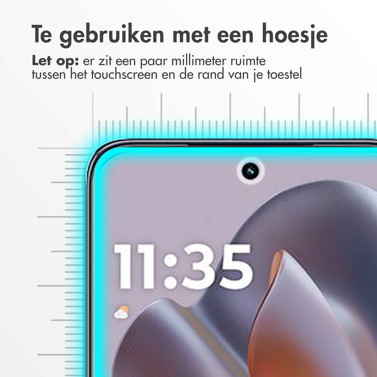 Écran de téléphone avec règle, heure 11:35. Texte : À utiliser avec une coque. Espace laissé.