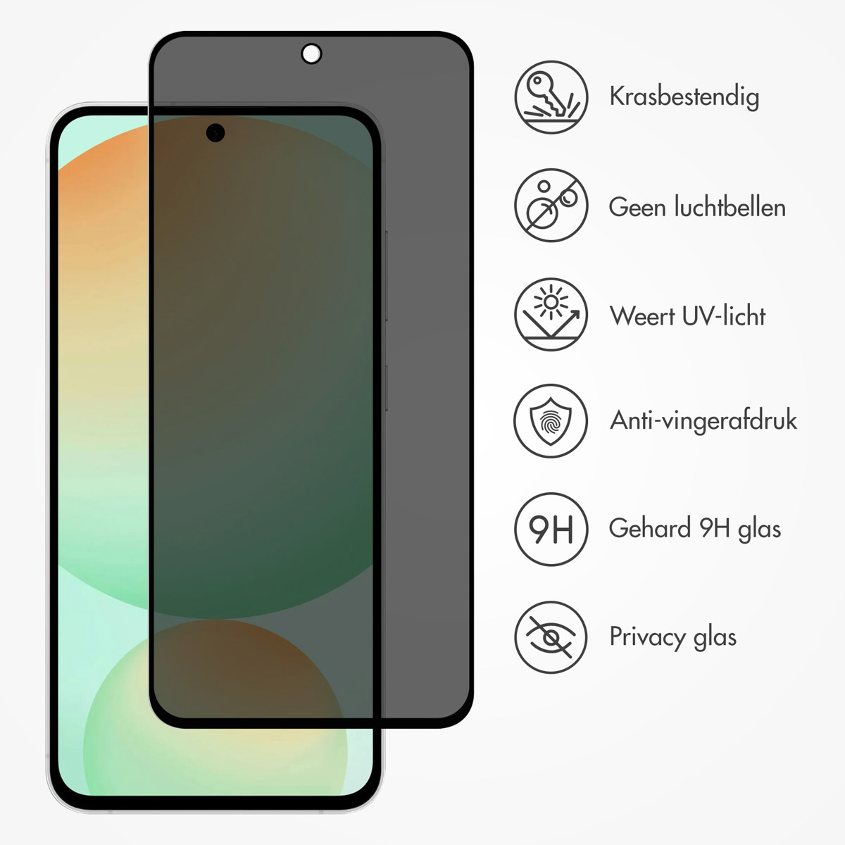 Telefoon, schermbeschermer. Tekst zegt: "Krasbestendig". Iconen zijn zichtbaar.