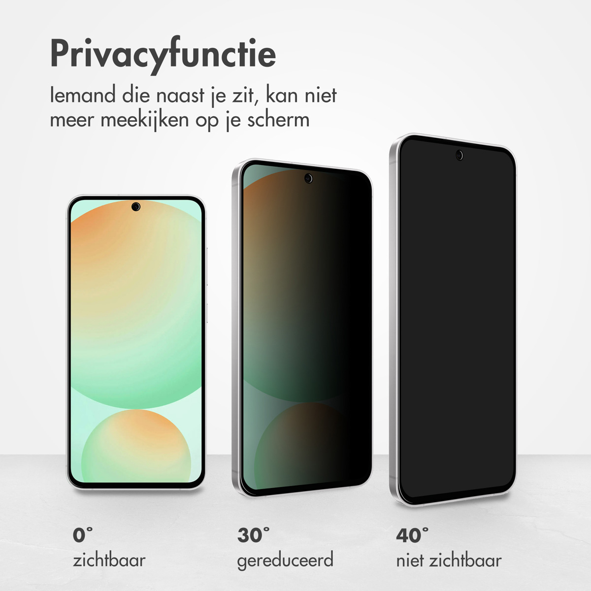 Drie telefoons die de privacyfunctie laten zien. De kijkhoek neemt van links naar rechts af.