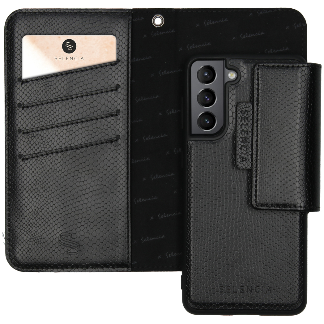 Une coque de téléphone noire avec une carte et un téléphone à l'intérieur d'un portefeuille. Texte : Selencia.