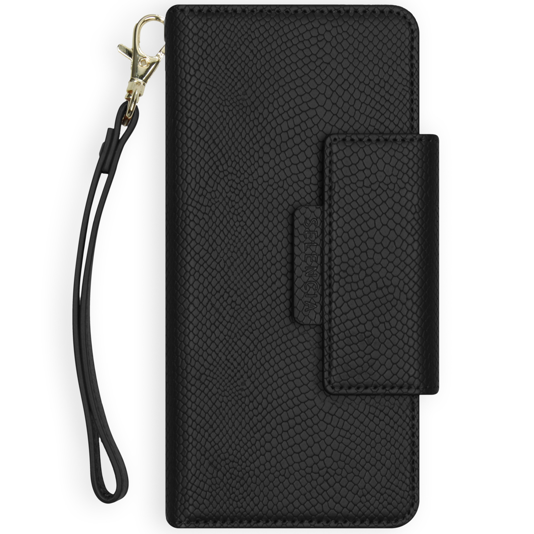 Étui portefeuille de téléphone noir avec rabat, dragonne noire et quincaillerie dorée.