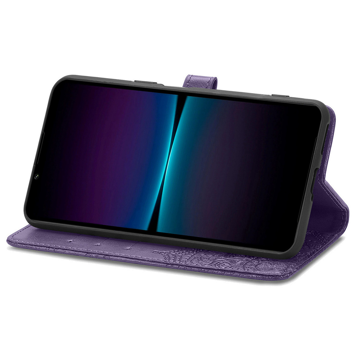Coque de téléphone violette, ouverte comme un livre, téléphone à l'intérieur, avec motif floral.