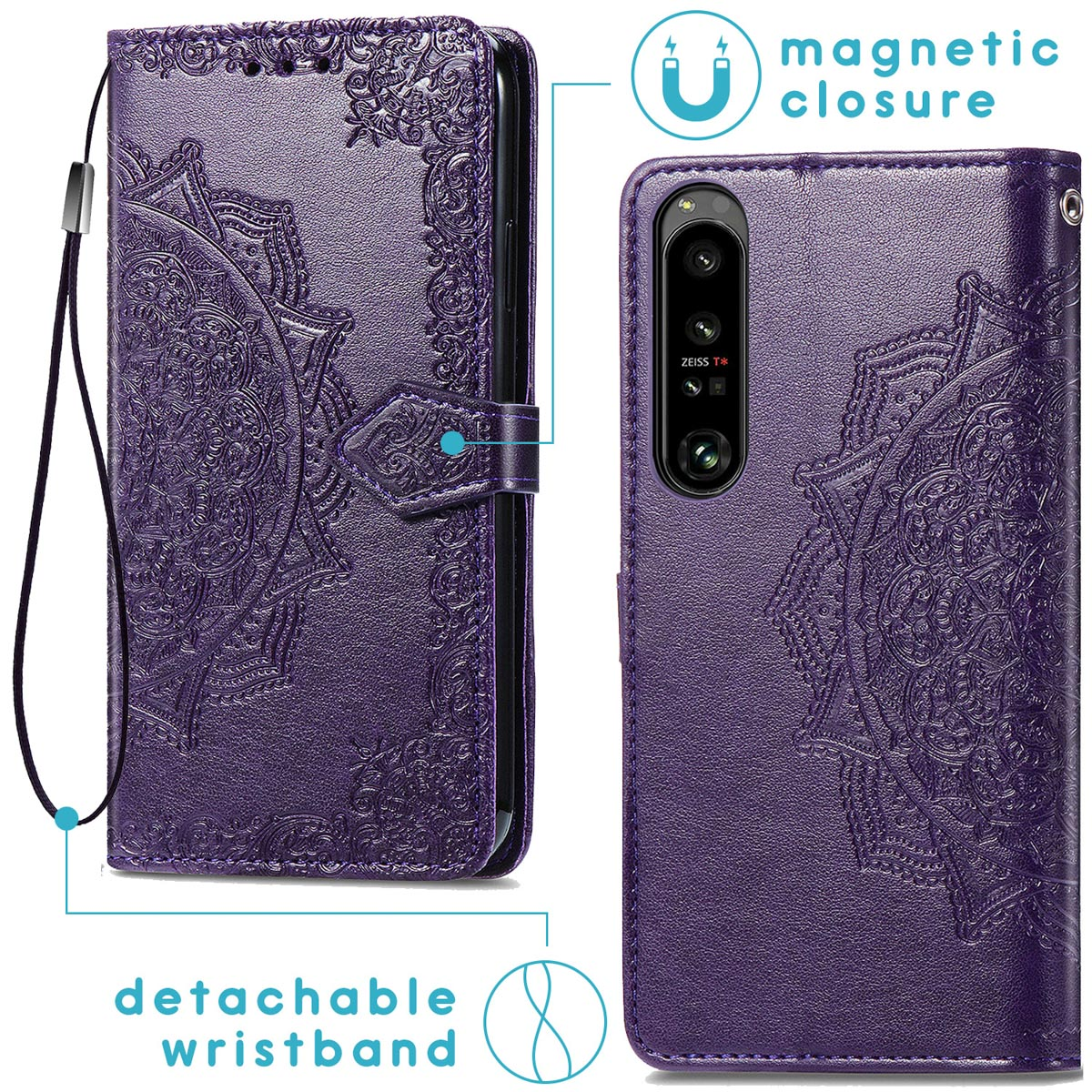 Coque de téléphone violette avec design en relief, fermeture magnétique et dragonne amovible.