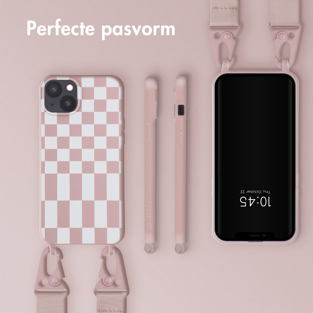 Coque de téléphone à carreaux rose et blanc avec une sangle. Téléphone noir. Fond blanc.
