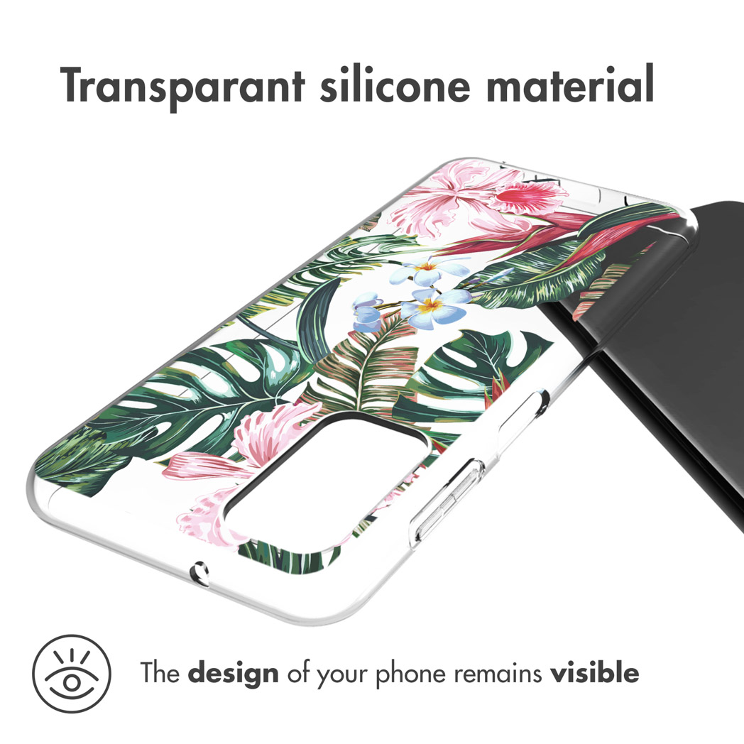 Telefoon met transparante hoes. Tekst: Transparant siliconen materiaal. Het ontwerp van je telefoon blijft zichtbaar.