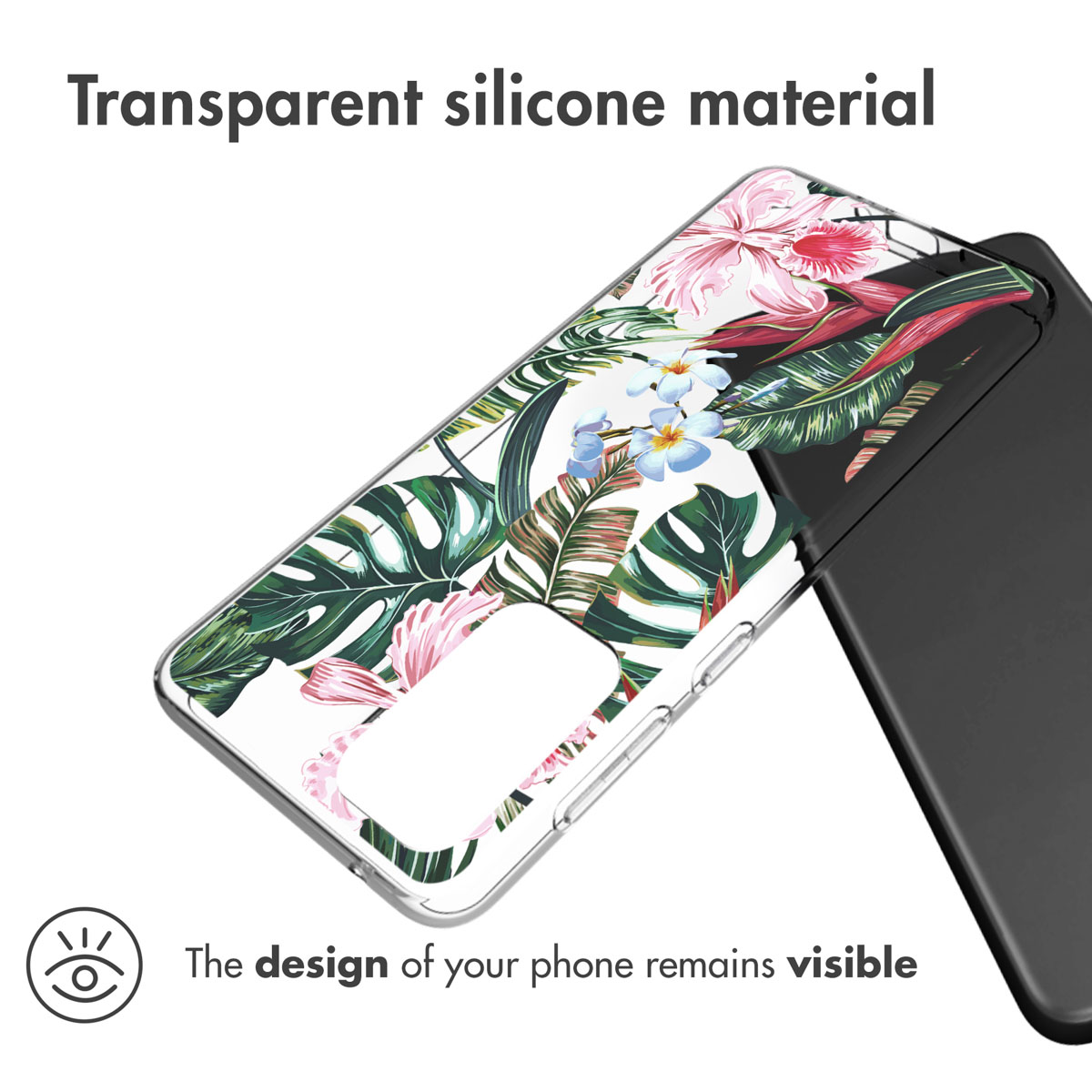 Coque de téléphone transparente avec motif floral, sur un téléphone noir. Le texte indique 'Matériau silicone transparent' et 'Le design de votre téléphone reste visible'.