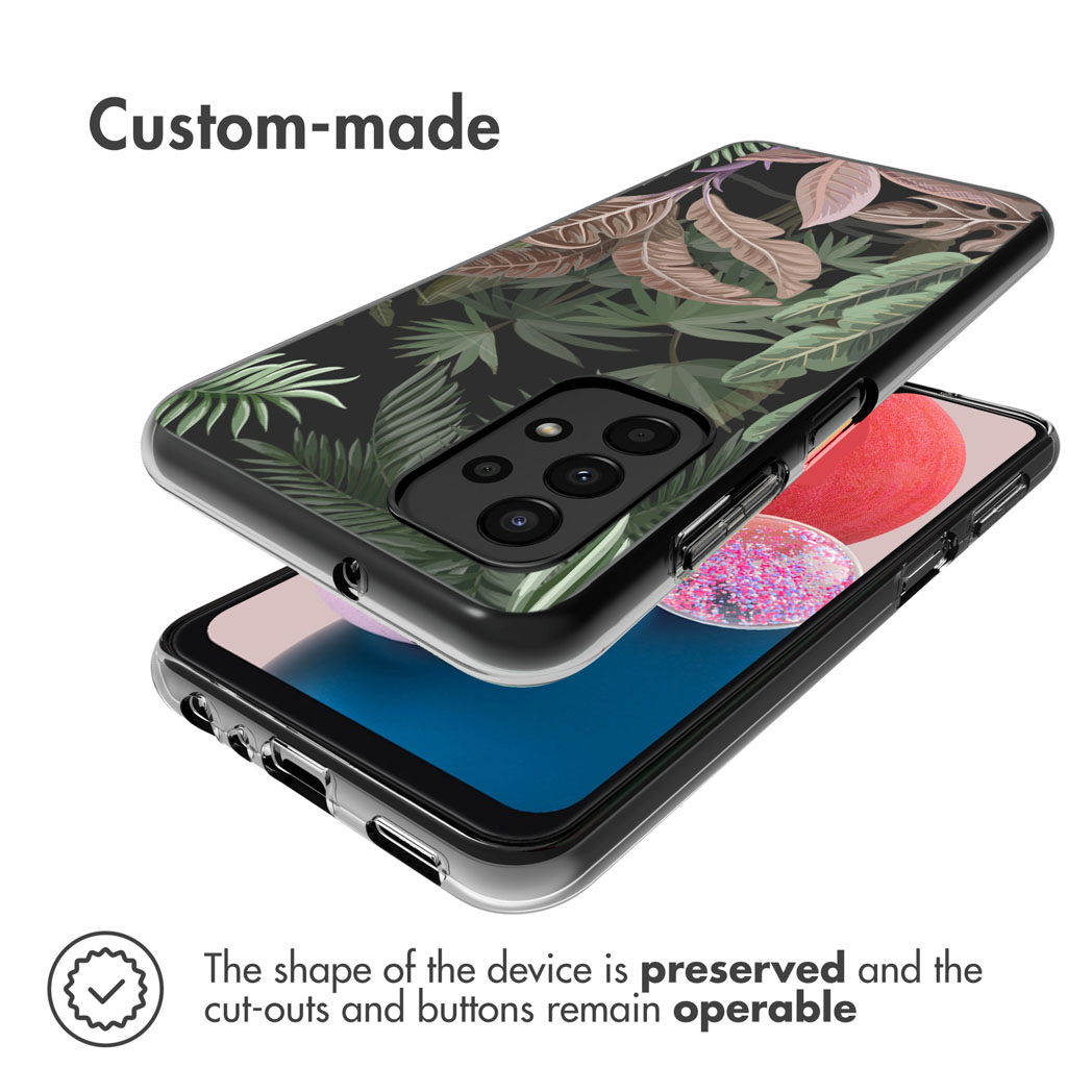 Telefoonhoesje met een bloemenontwerp, met de telefoon erin. Zwart telefoonhoesje.
