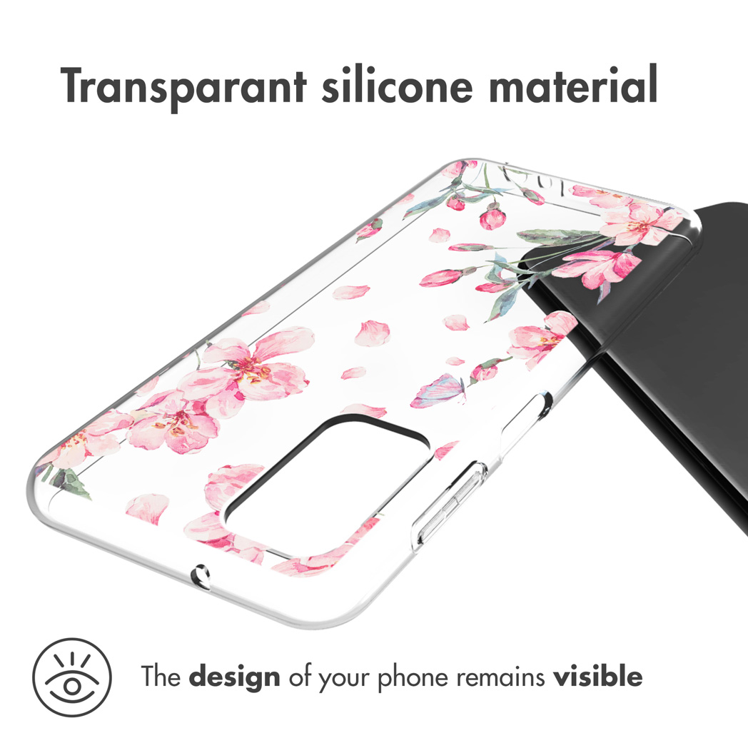 Een doorzichtig telefoonhoesje met een bloemenontwerp. Tekst zegt: "Het ontwerp van je telefoon blijft zichtbaar".