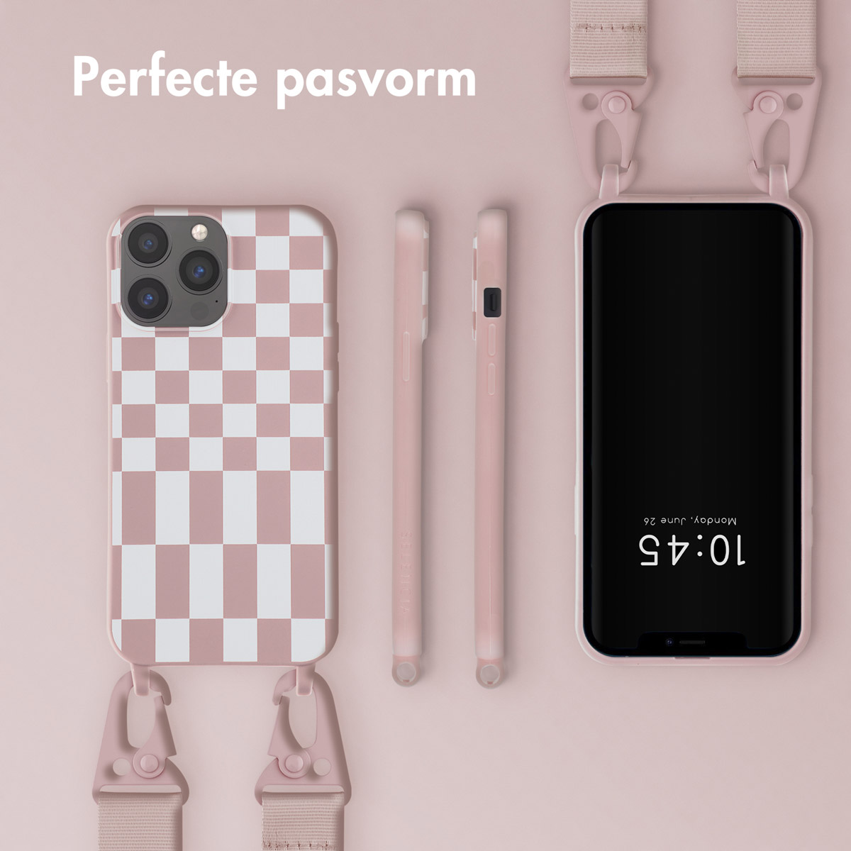 Plusieurs coques de téléphone à carreaux roses et blancs avec sangles. Téléphone avec l'heure 10:45 affichée.