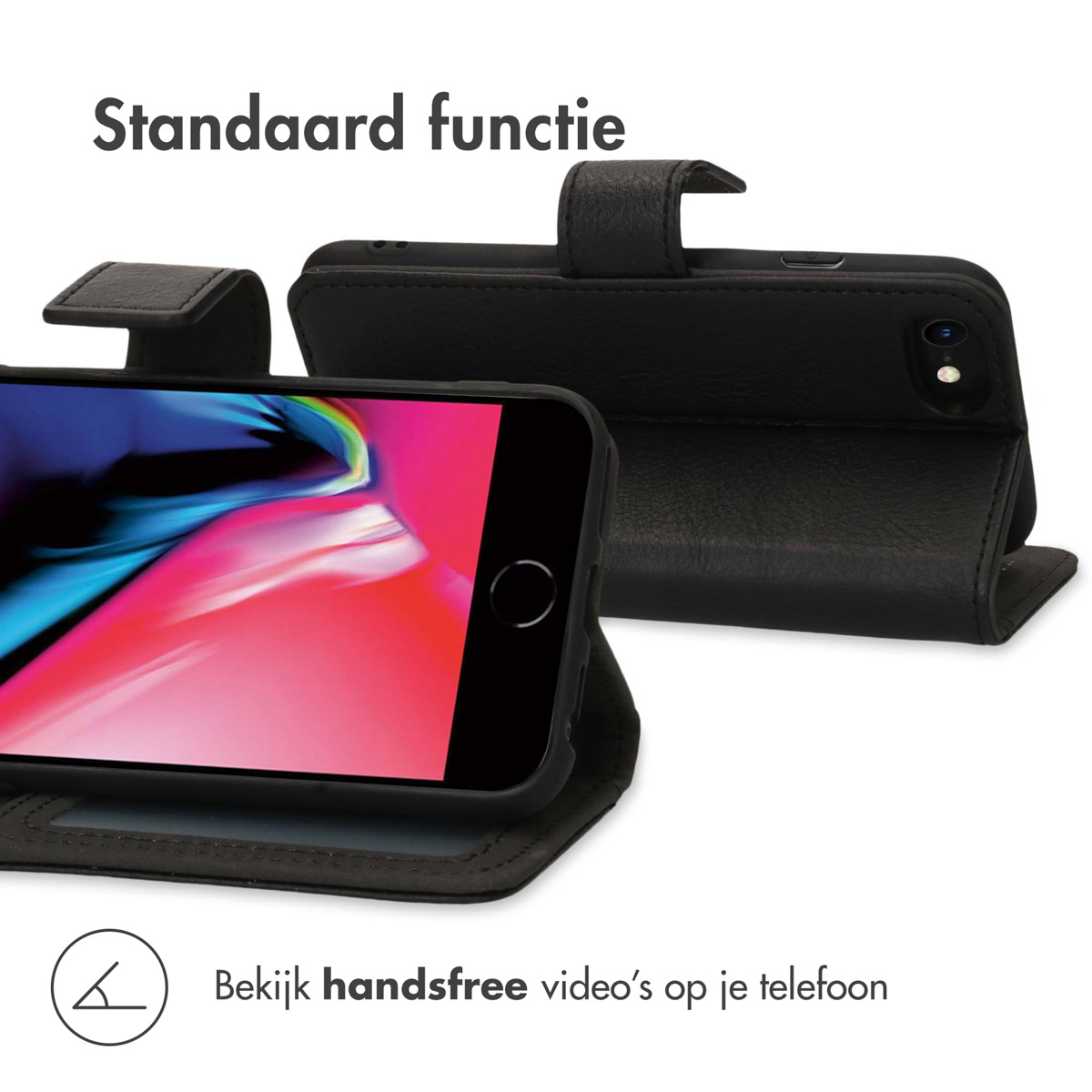 Un téléphone noir dans un étui en cuir noir, ouvert pour afficher une vidéo. L'étui est en position verticale.