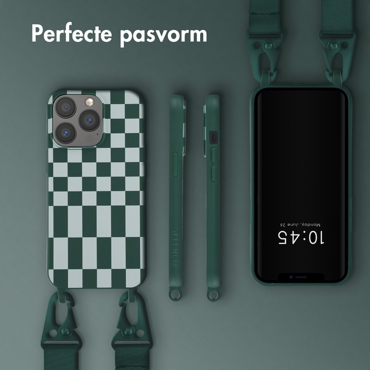 Coques de téléphone avec un motif à carreaux. Texte : « Ajustement parfait ». Le téléphone a un cordon attaché.