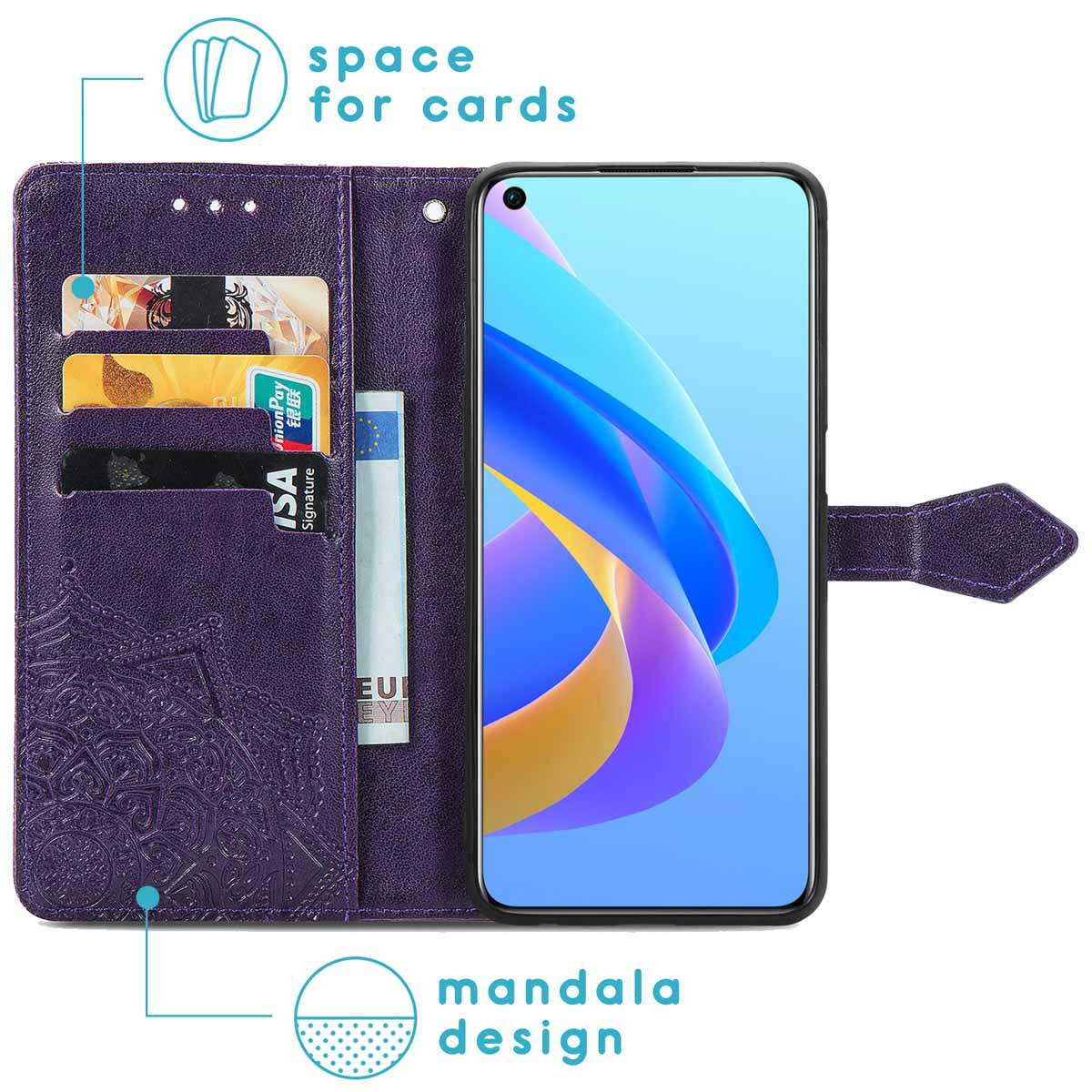 Étui de téléphone violet avec motif mandala. Le téléphone est ouvert, montrant les cartes.